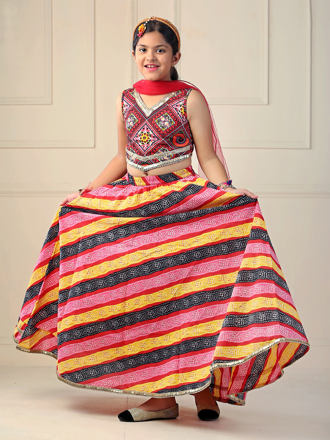 Cotton printed lehenga and choli with dupatta-Multicoloured