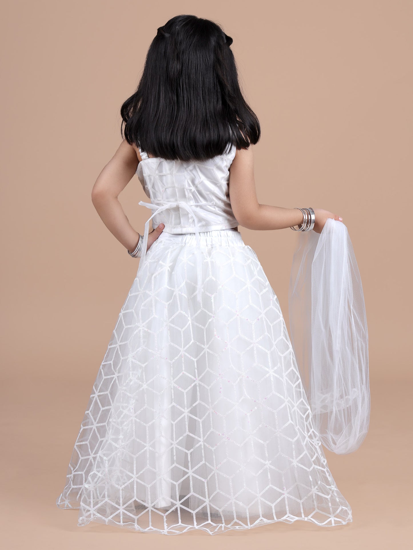 Net self-designed ehenga with stylish choli and dupatta- White