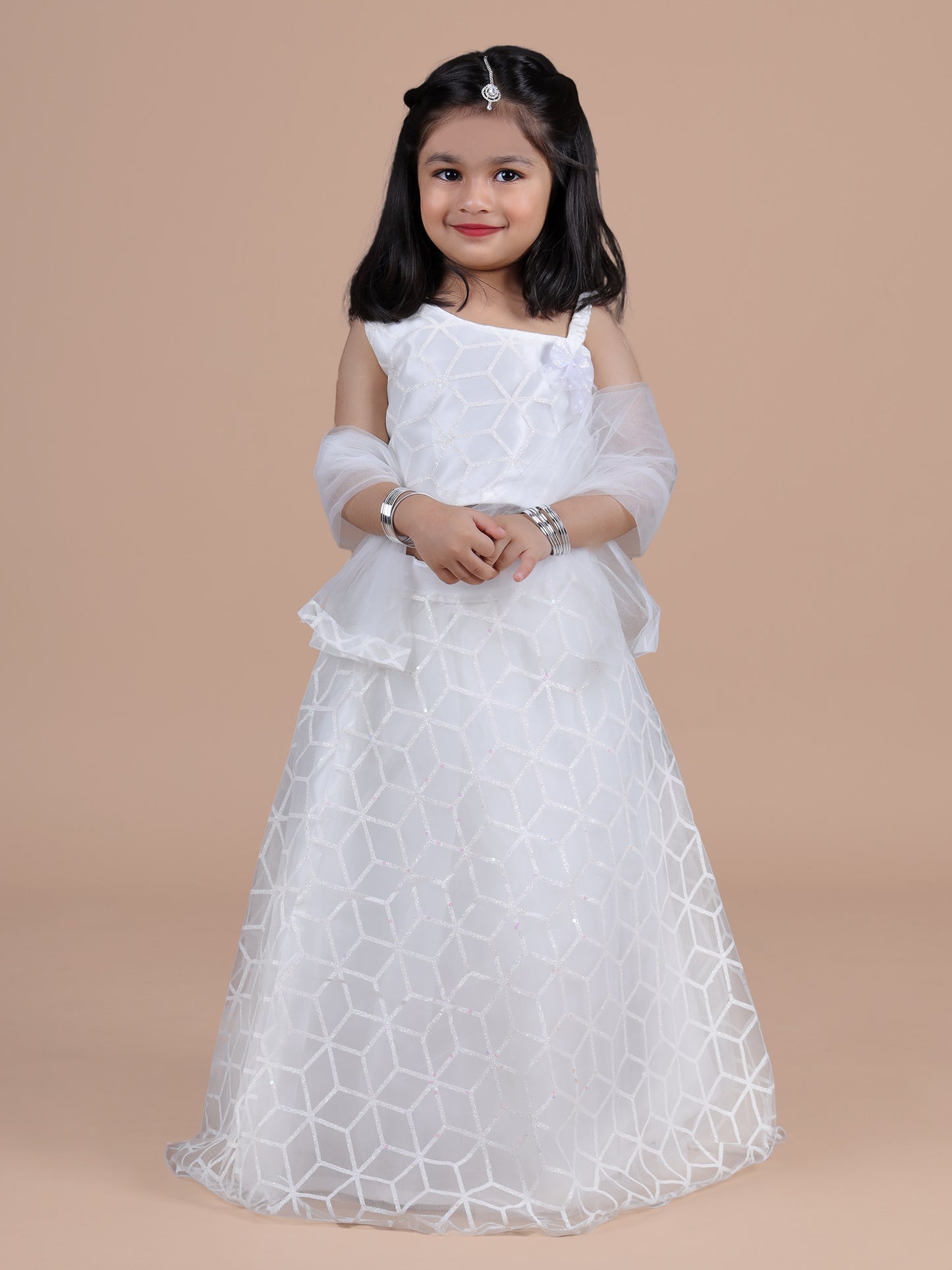 Net self-designed ehenga with stylish choli and dupatta- White