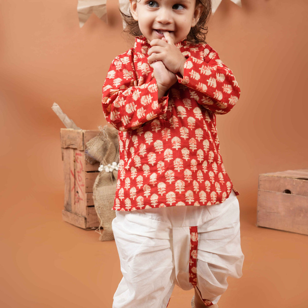 Printed red cotton kurta with dhoti for boys-T-Redbootykurta