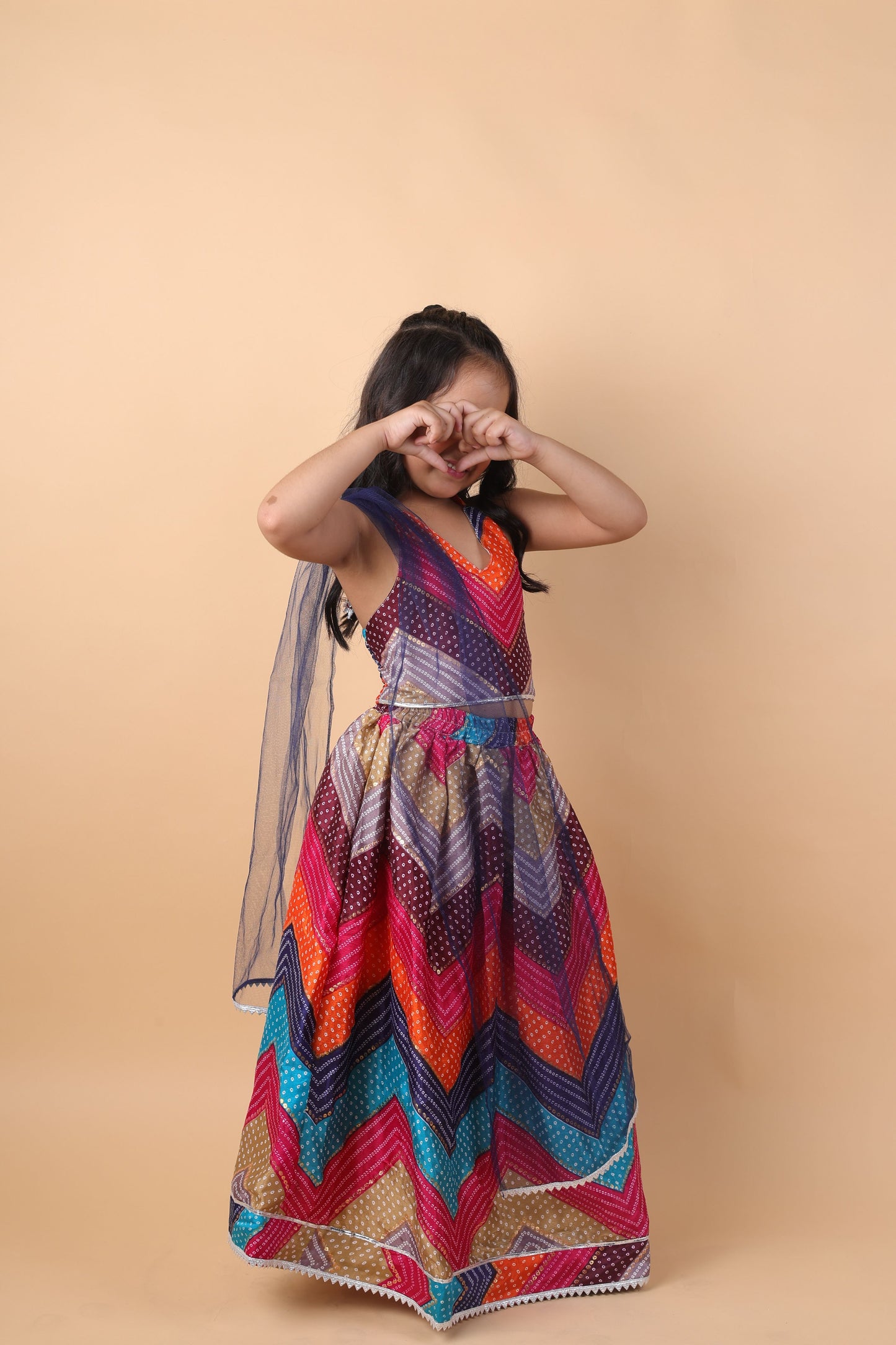 Multicoloured chinon lehenga set with dupatta-Multicolour