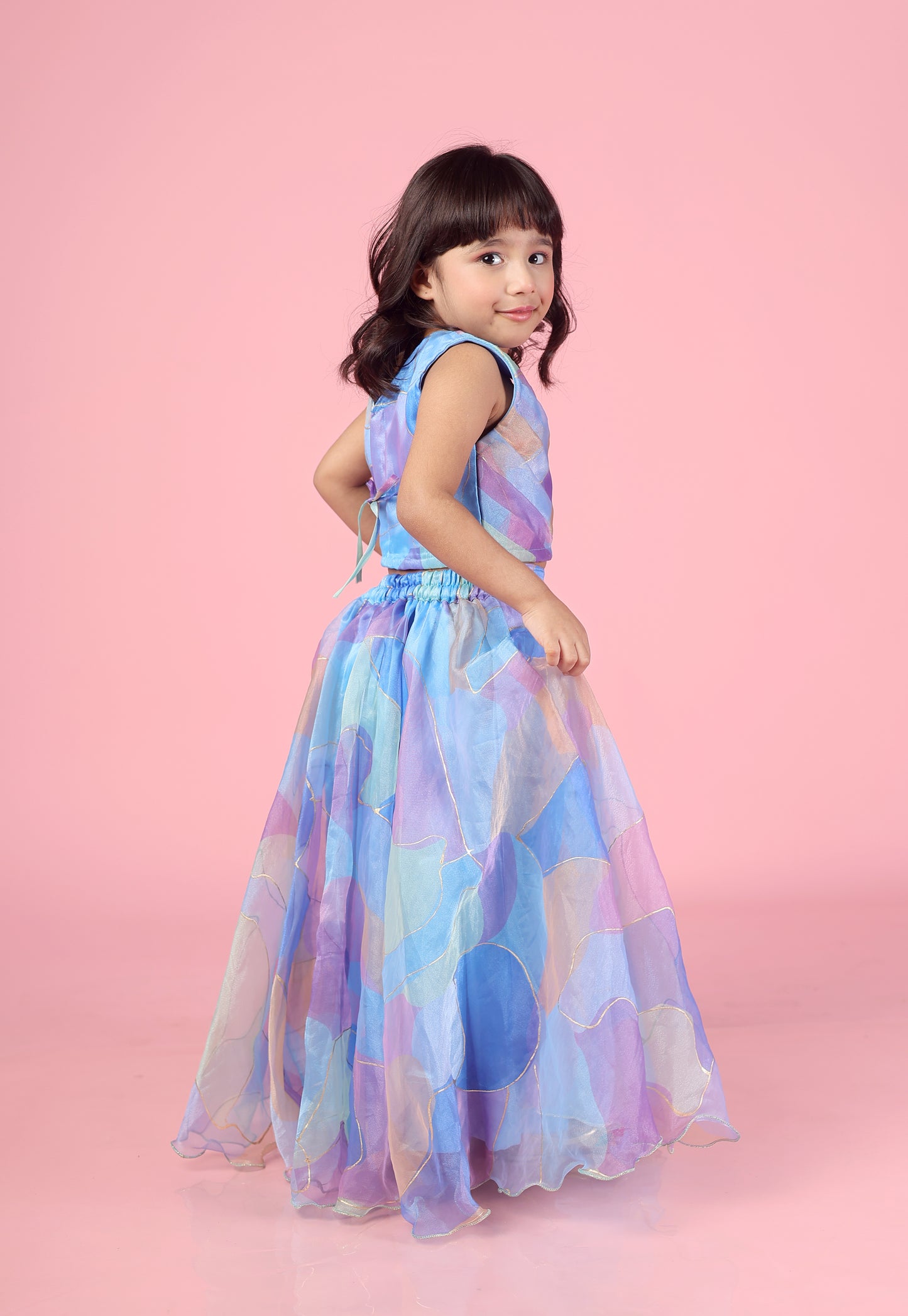 Multicolour organza lehenga-Sky Blue
