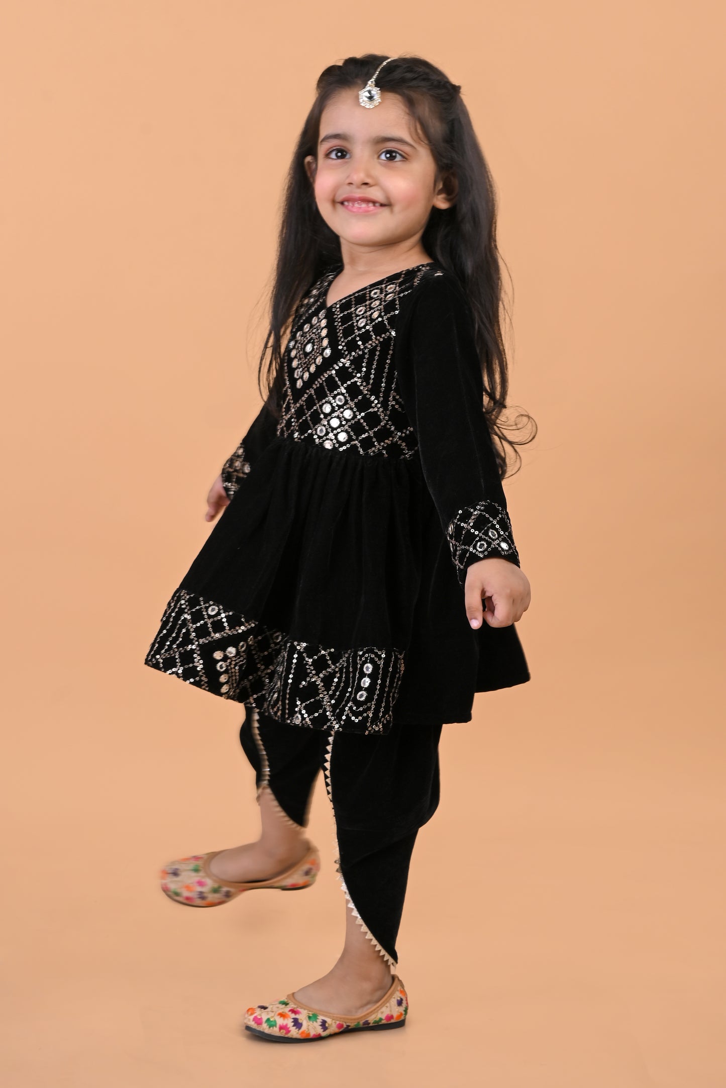 Embroidered full sleeves velvet kurti and dhoti set-Black
