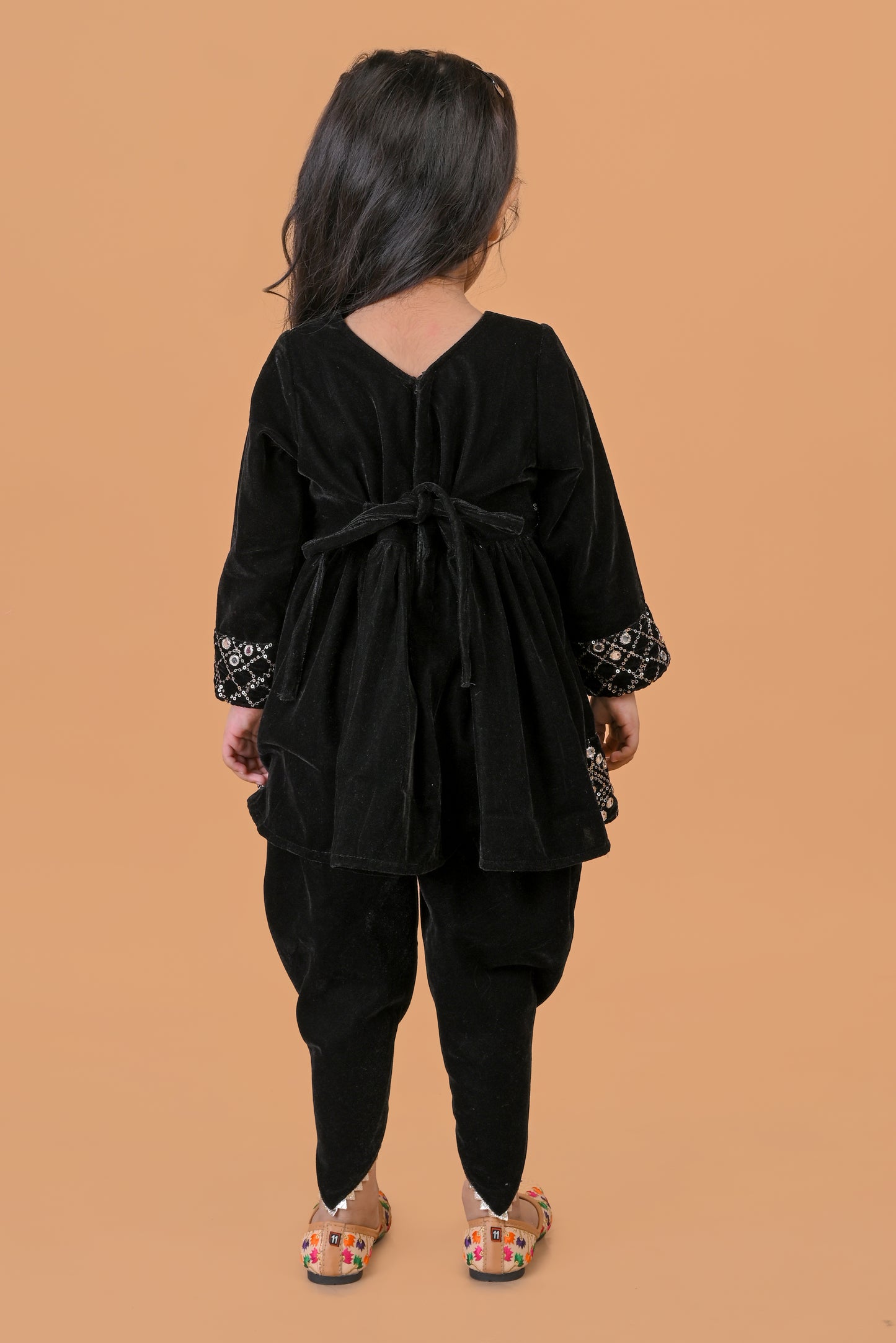 Embroidered full sleeves velvet kurti and dhoti set-Black