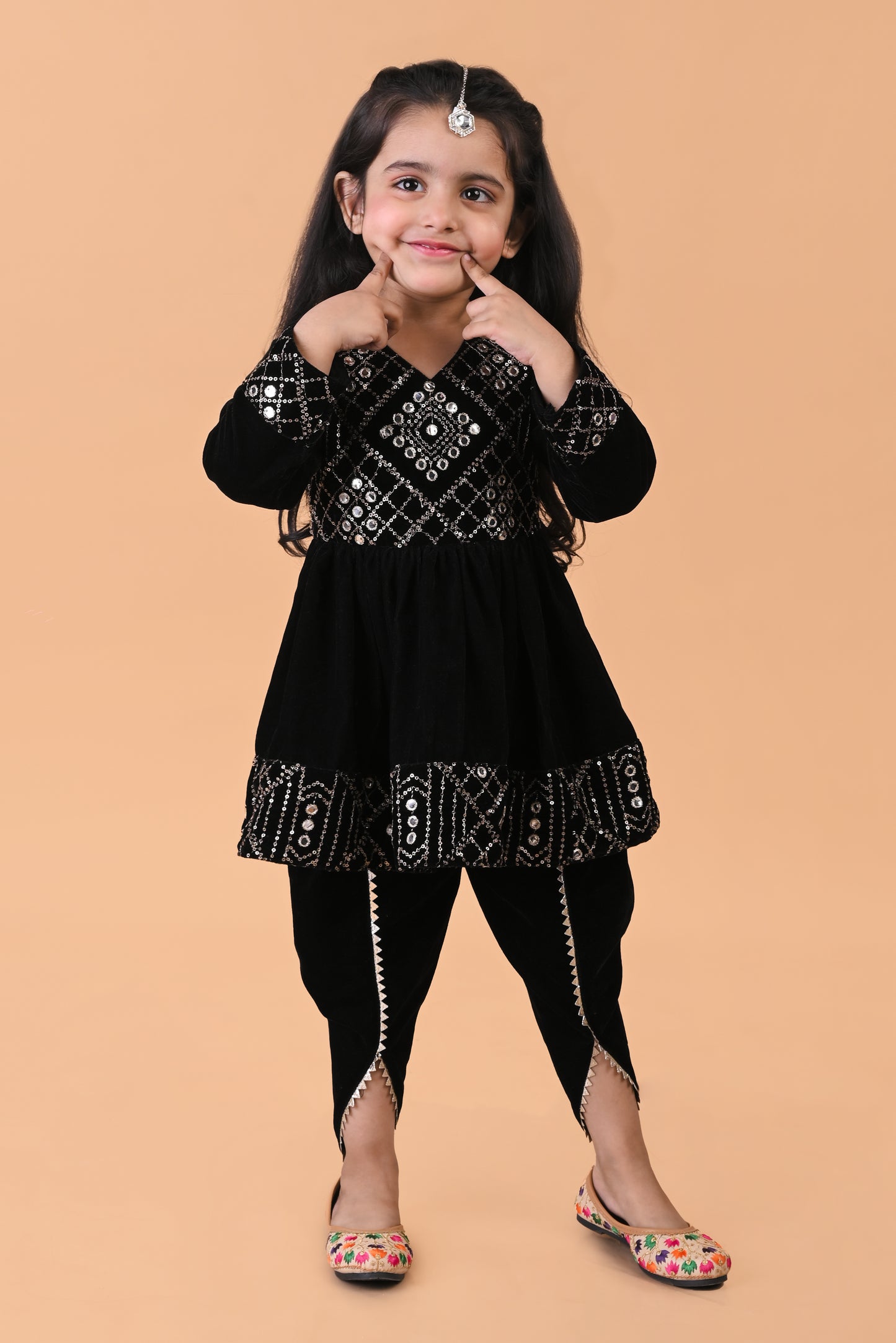 Embroidered full sleeves velvet kurti and dhoti set-Black