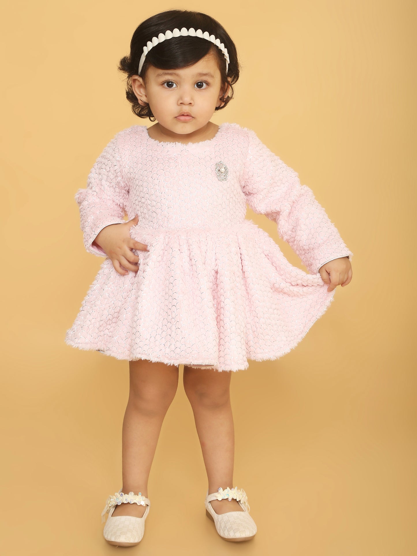 Fur full sleeves fit and flare party frock-Pink