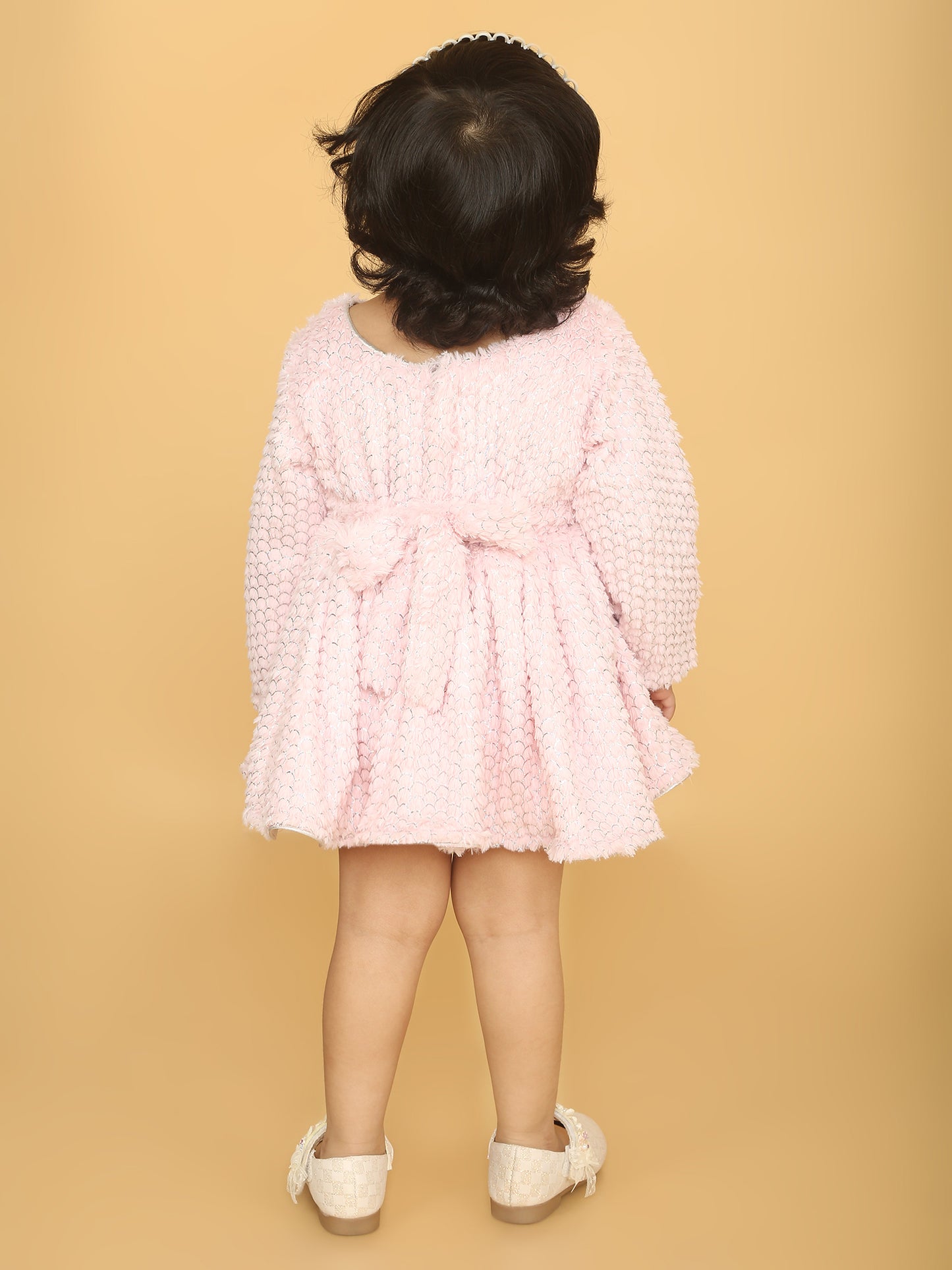 Fur full sleeves fit and flare party frock-Pink