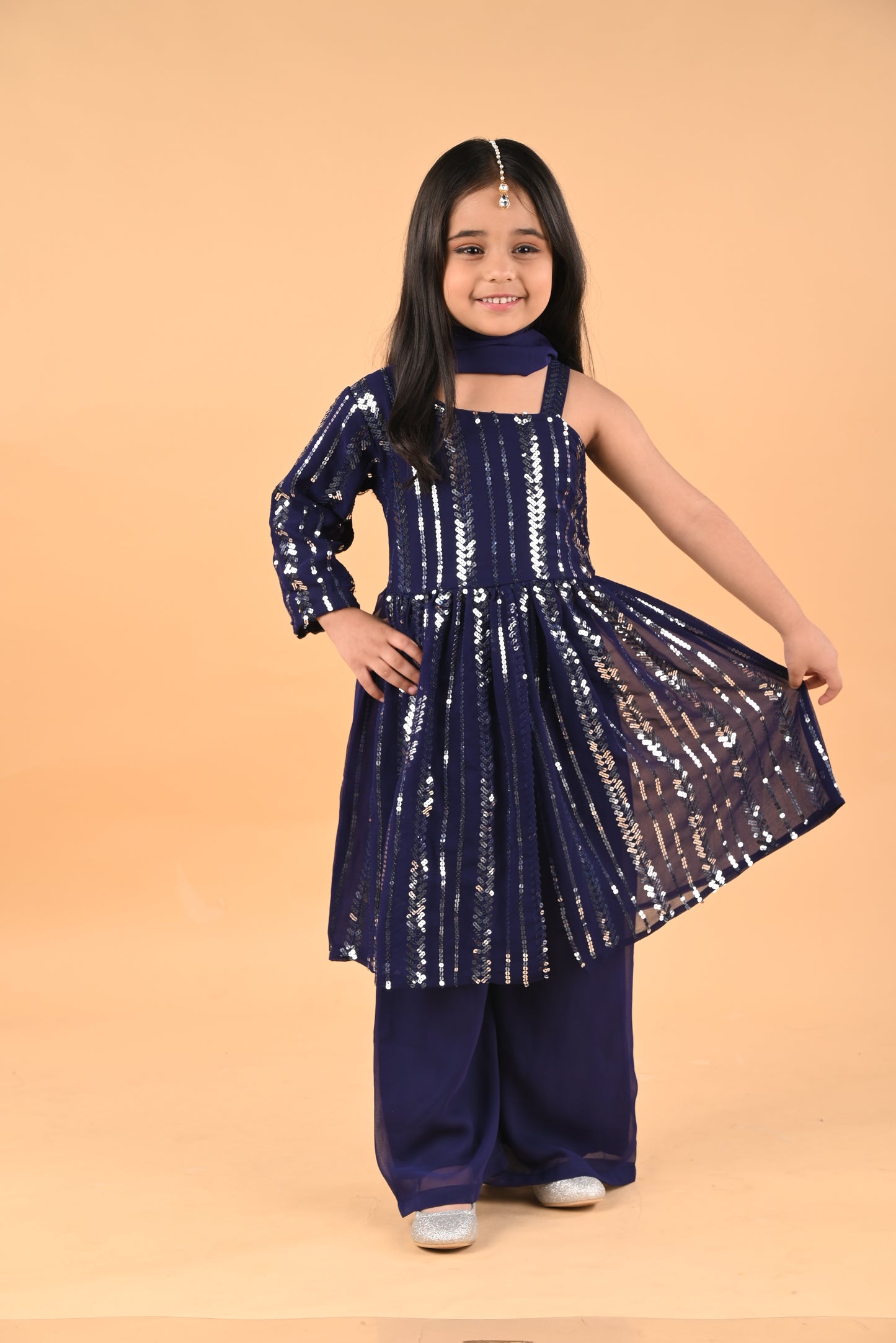 Long sequined front open top with palazzo-Royal Blue