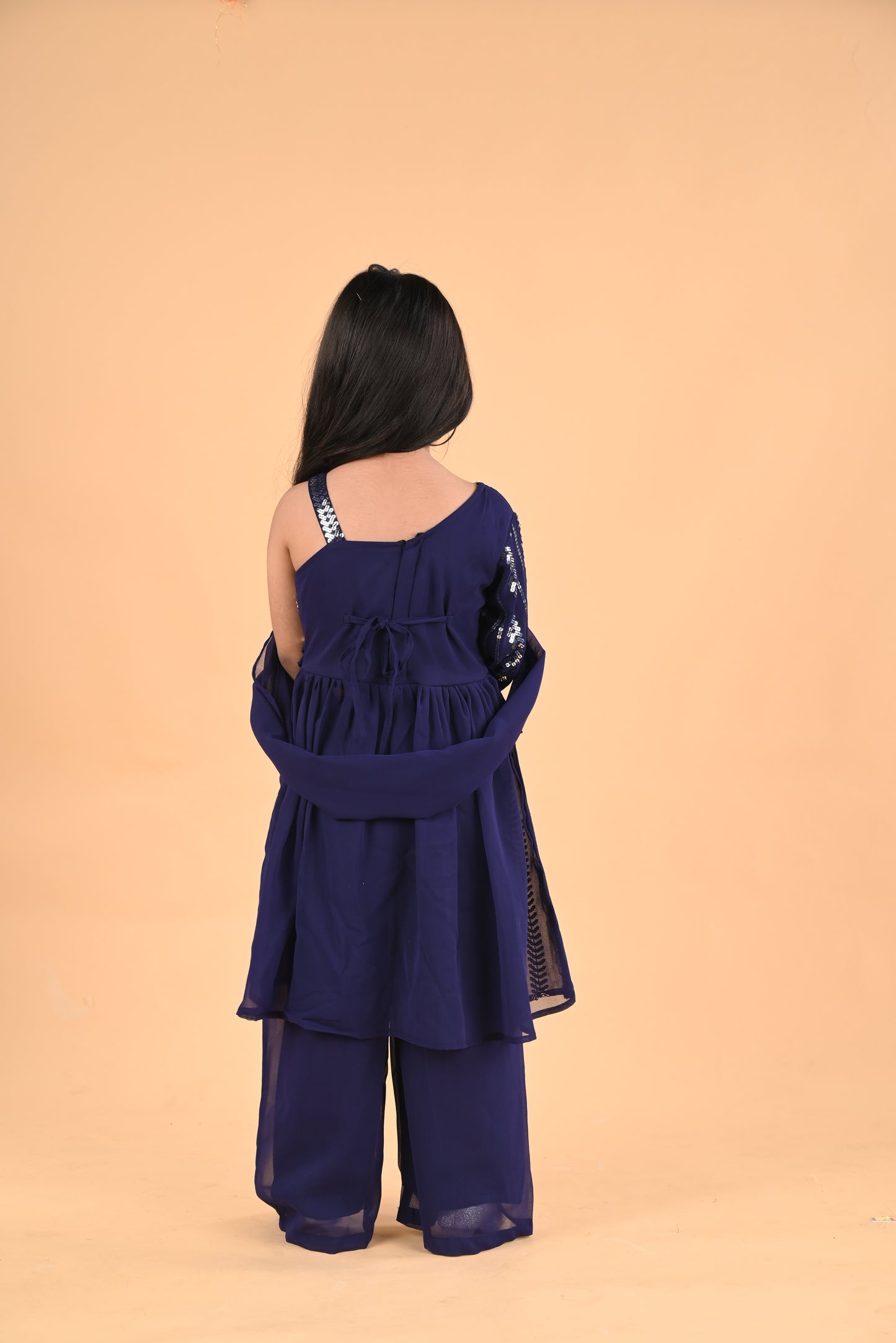 Long sequined front open top with palazzo-Royal Blue