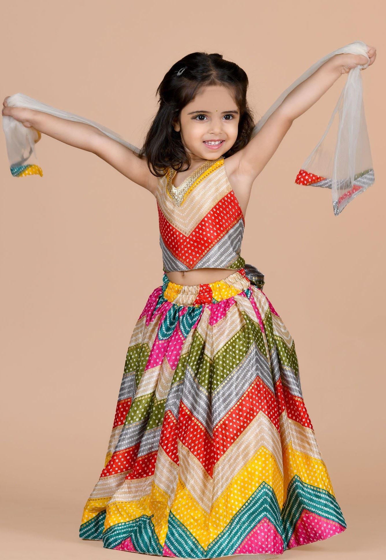 Chunri print fit and flare lehenga with halter neck choli- Multicolour