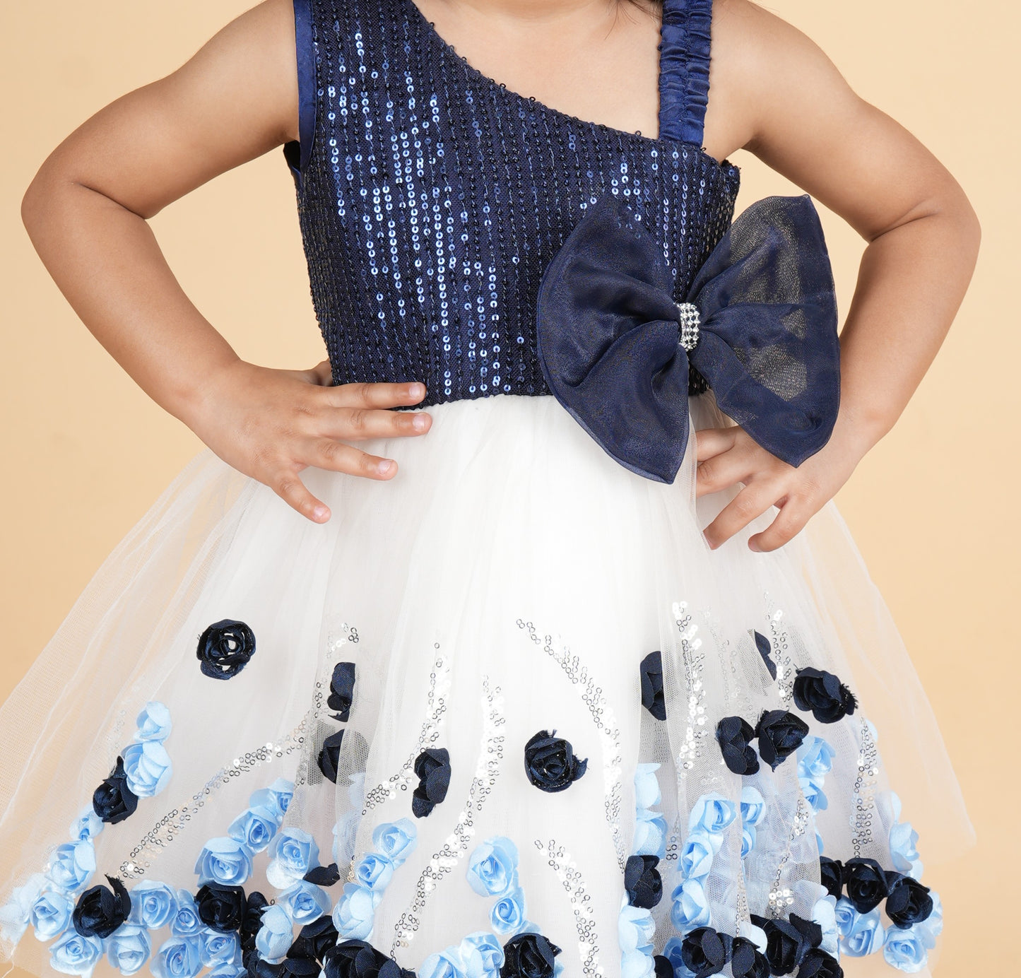 Fit and flare white and navy party frock