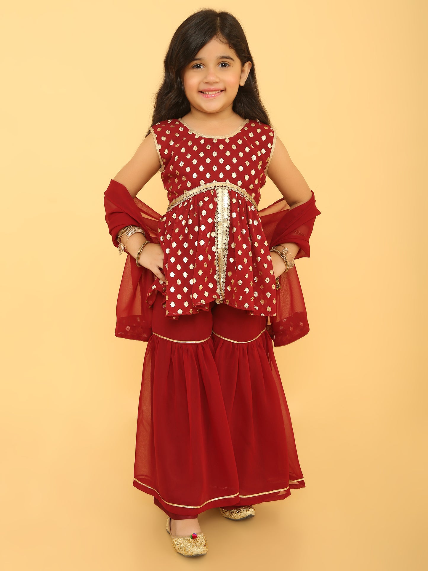 Golden dots georgett peplum top and sharara-Maroon