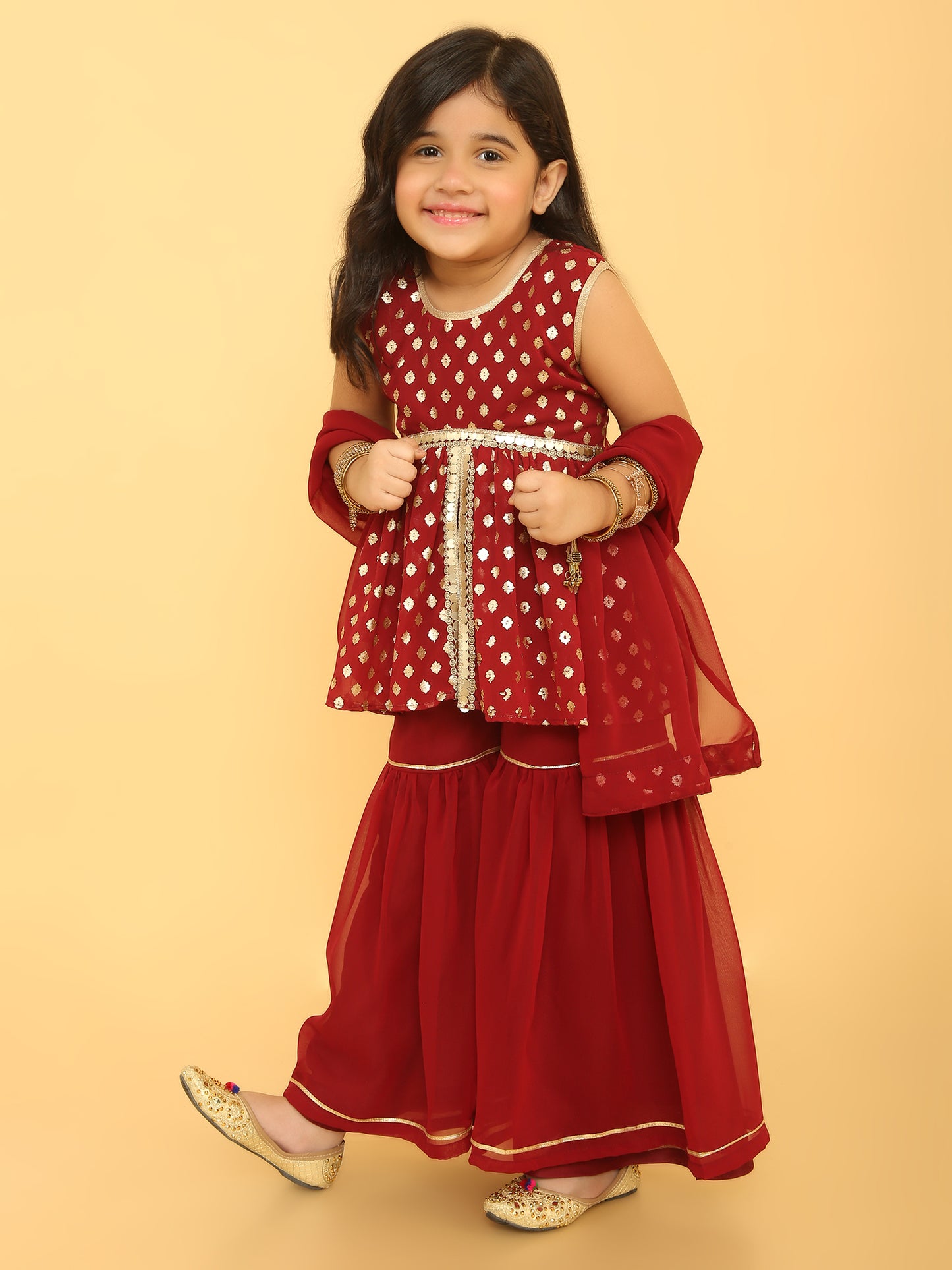 Golden dots georgett peplum top and sharara-Maroon