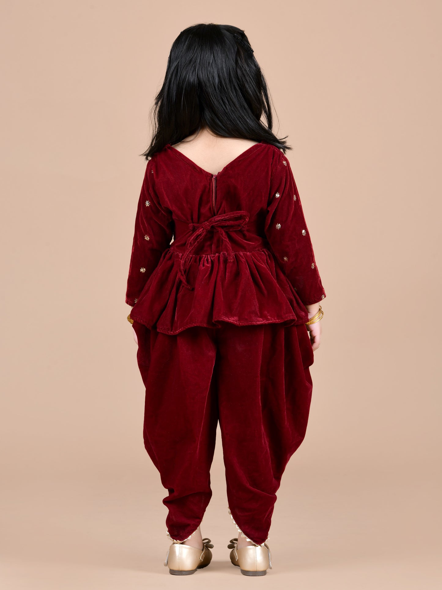 Embellished Top & Velvet Dhoti with Dupatta (Burgundy)