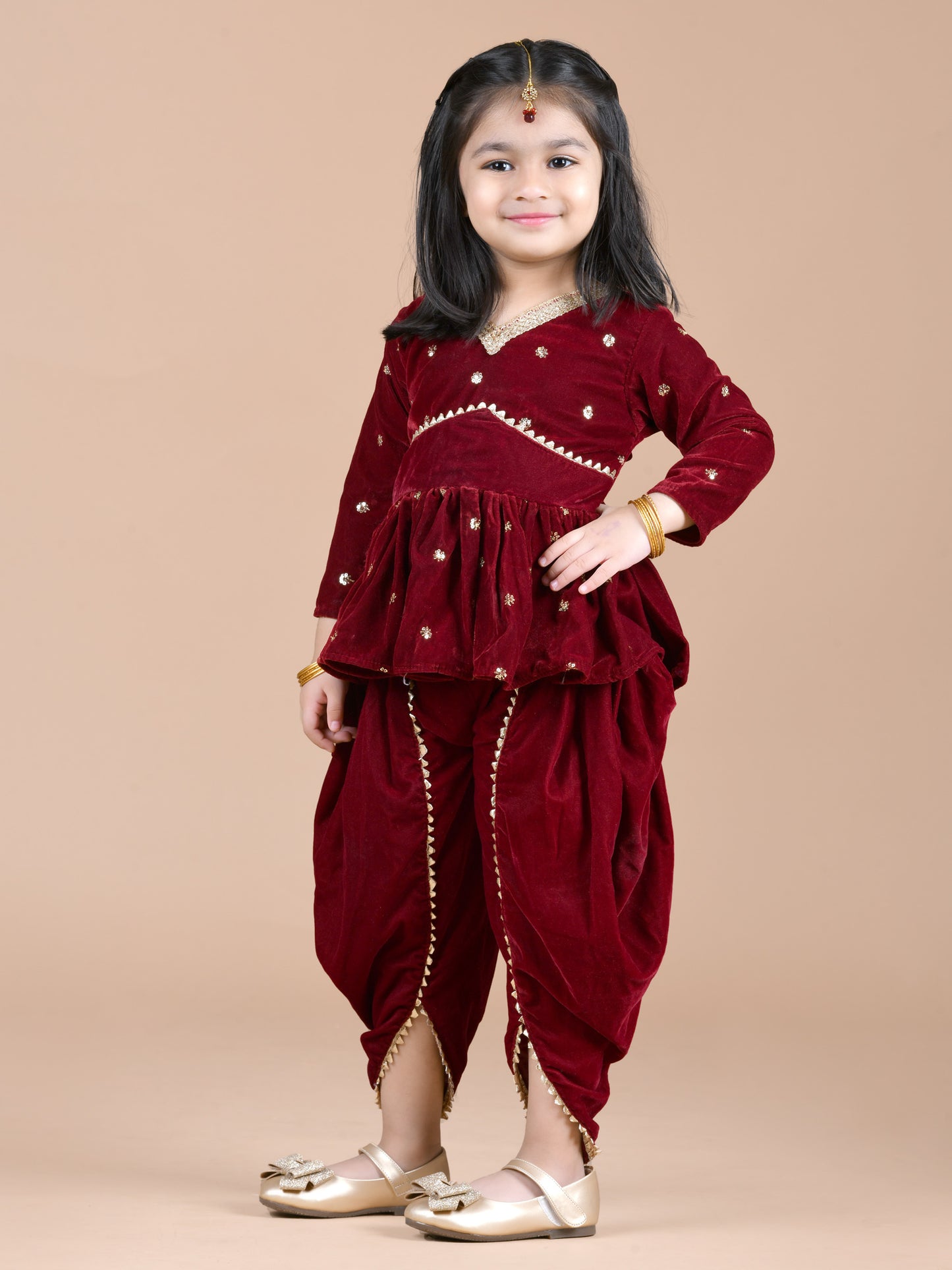 Embellished Top & Velvet Dhoti with Dupatta (Burgundy)