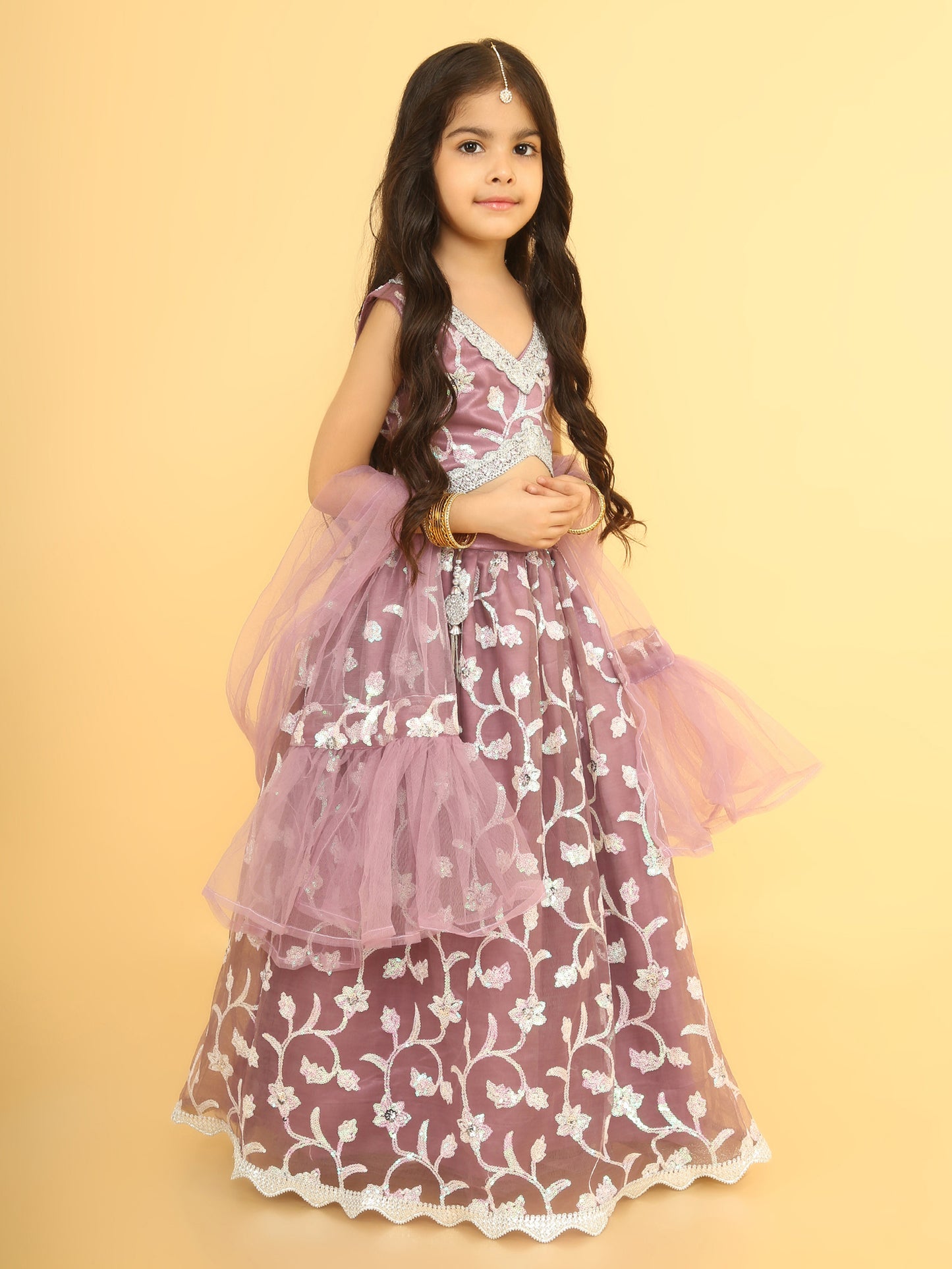 embroidered net lehenga and choli with dupatta-lilac