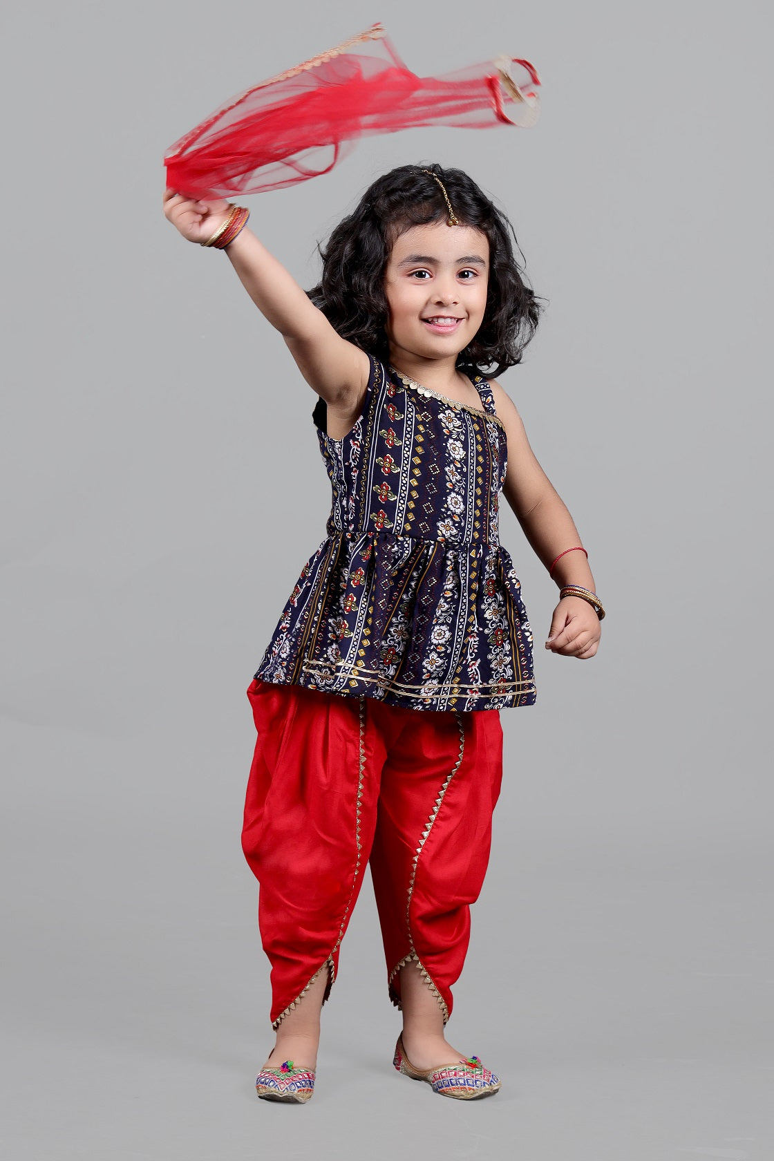 Floral Print rayon dhoti and top with dupatta-Multicolour