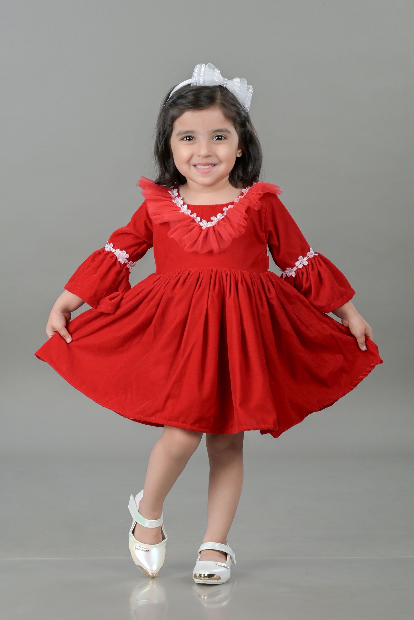 Red velvet V neck lace embelished frock