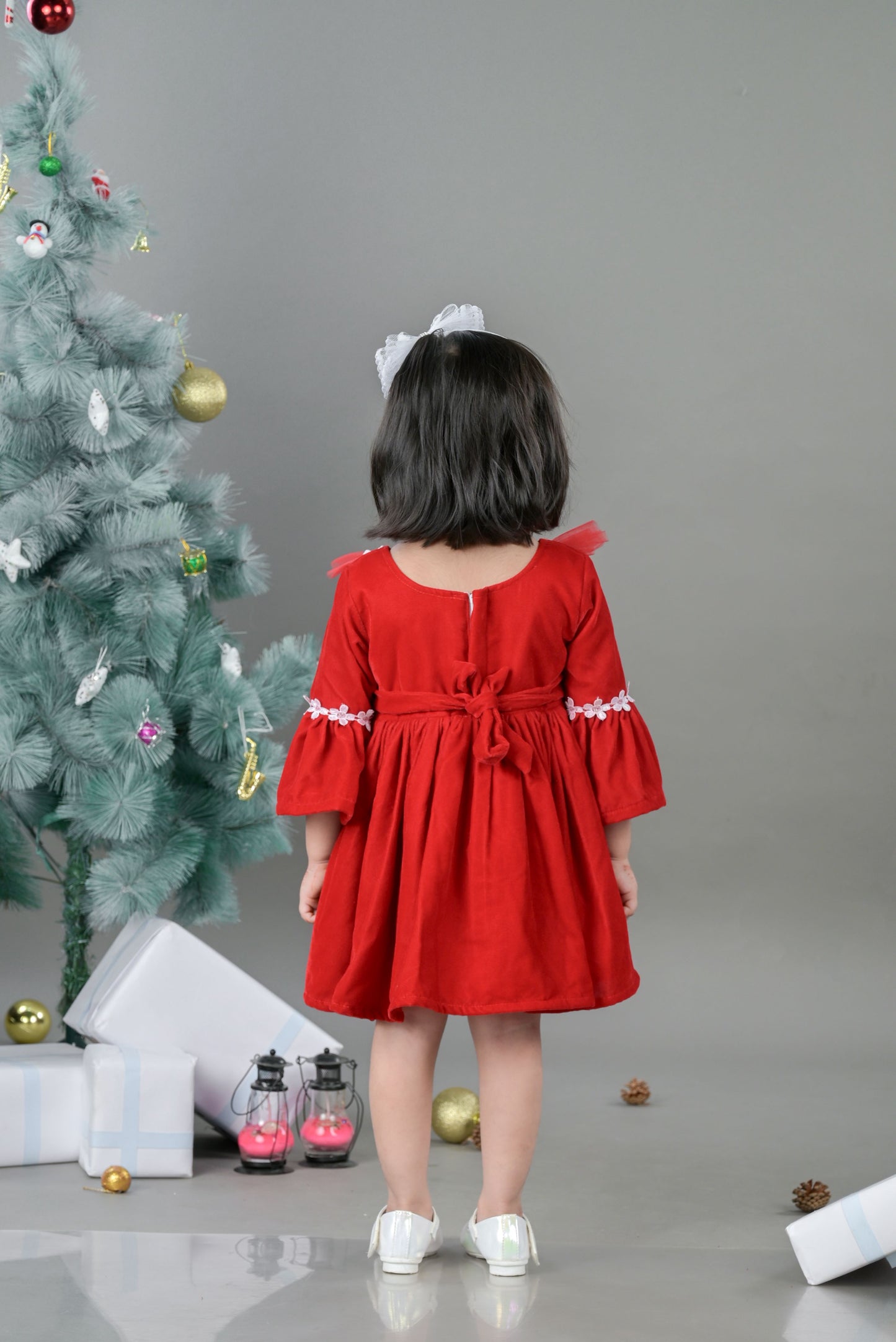 Red velvet V neck lace embelished frock