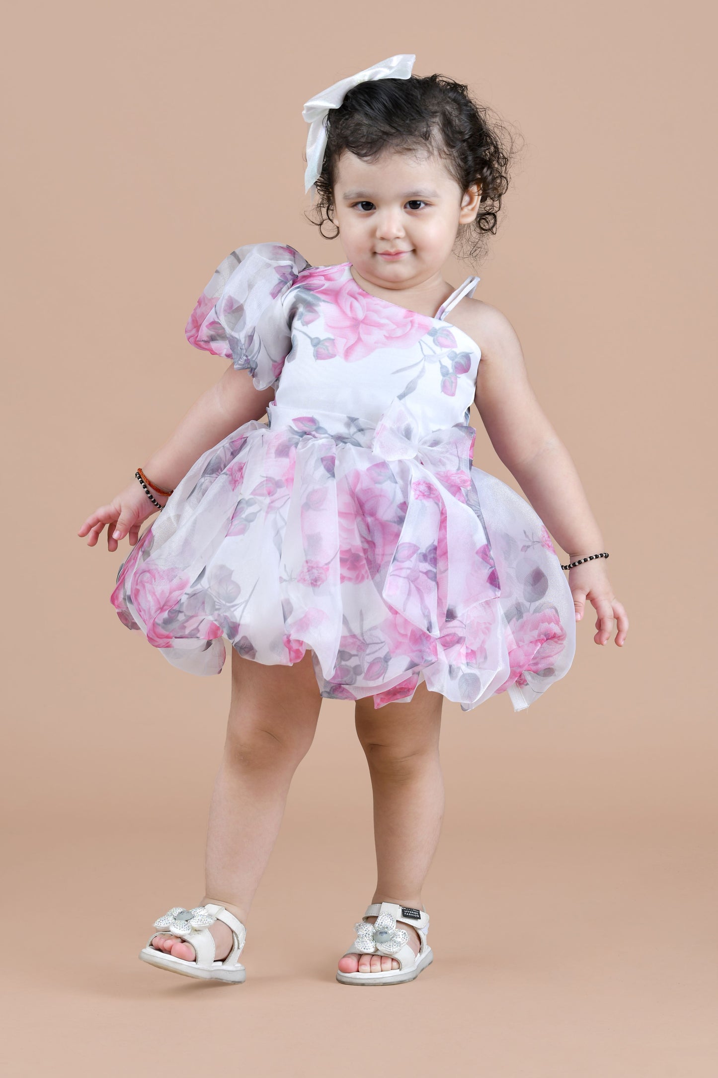 Organza fit and flare floral balloon frock-White