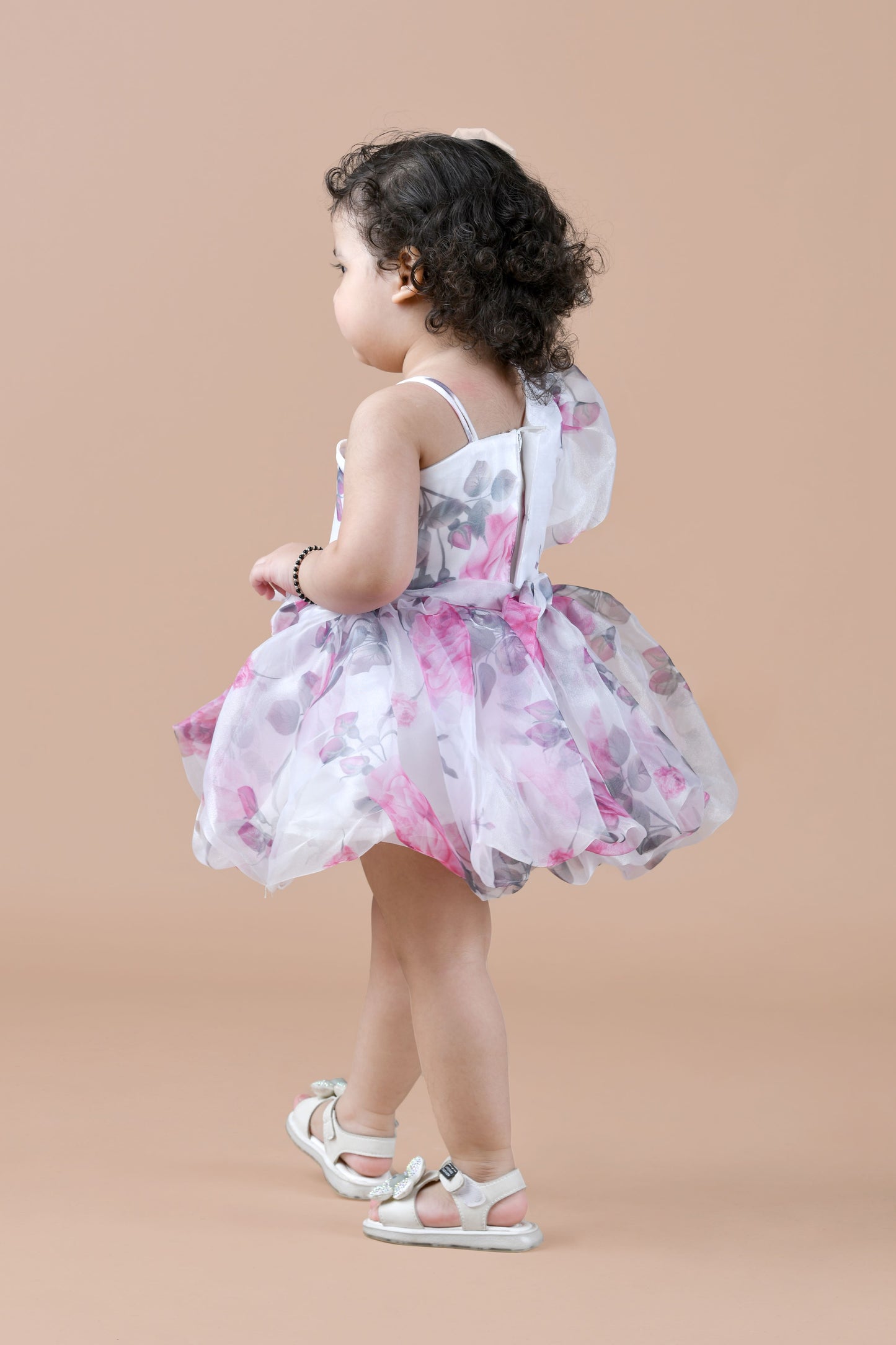 Organza fit and flare floral balloon frock-White