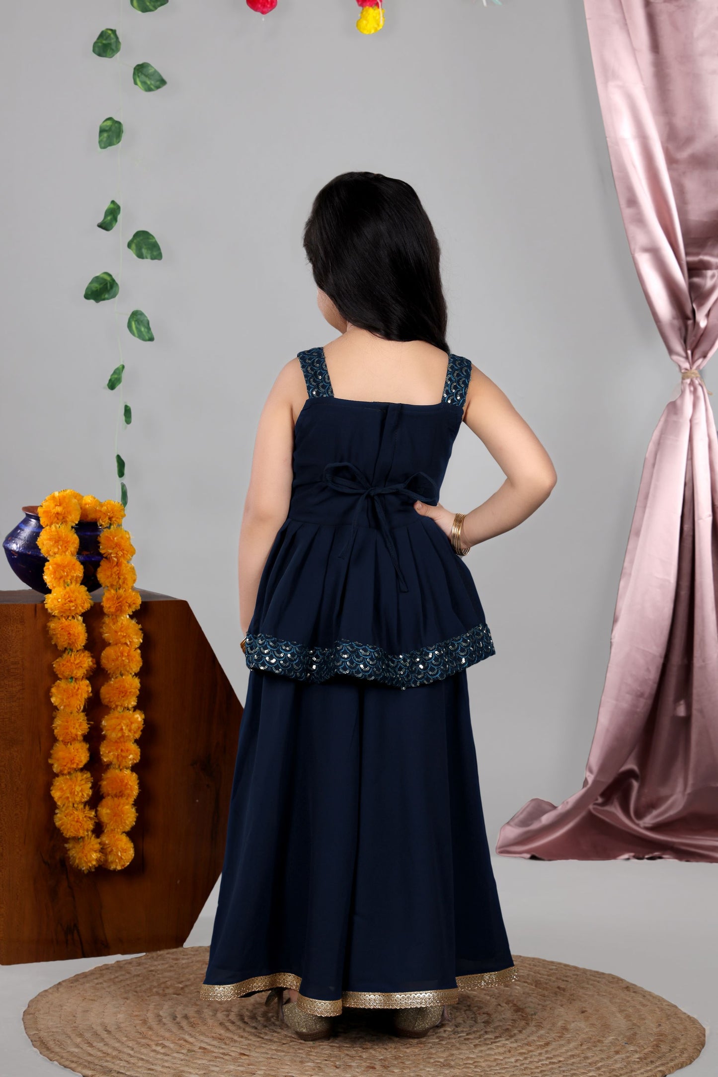 Sequined Georgette Peplum Top with Solid Flared Palazzo- Pink