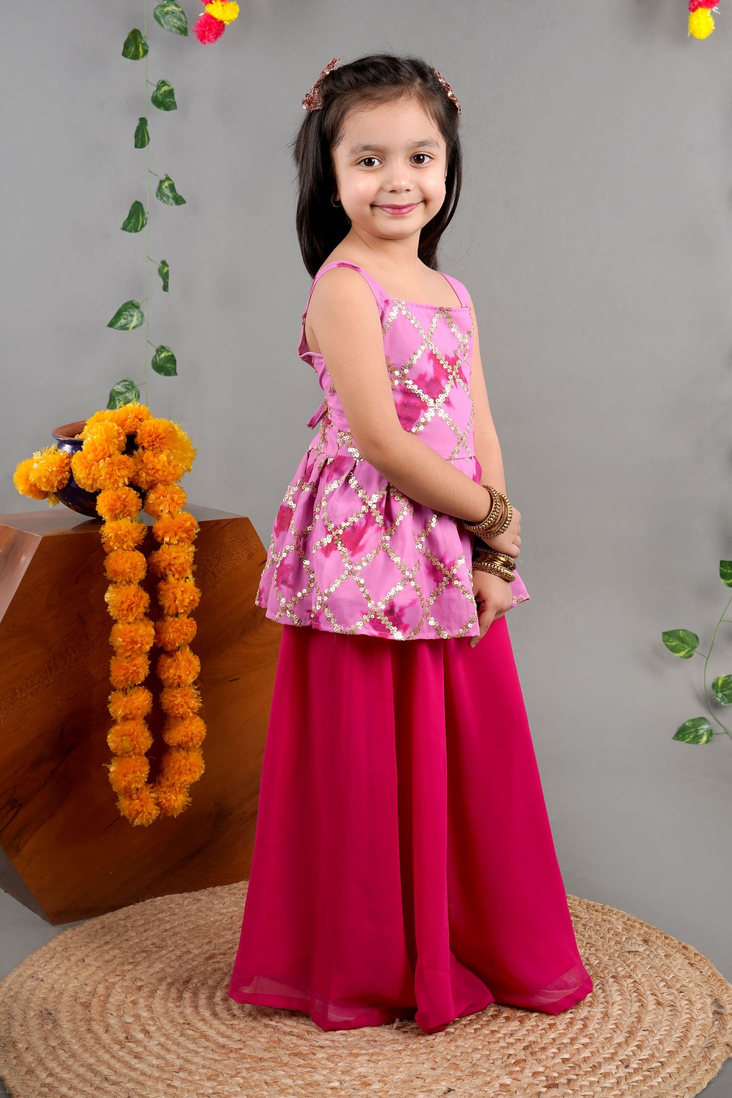 Sequined Georgette Peplum Top with Solid Flared Palazzo- Pink