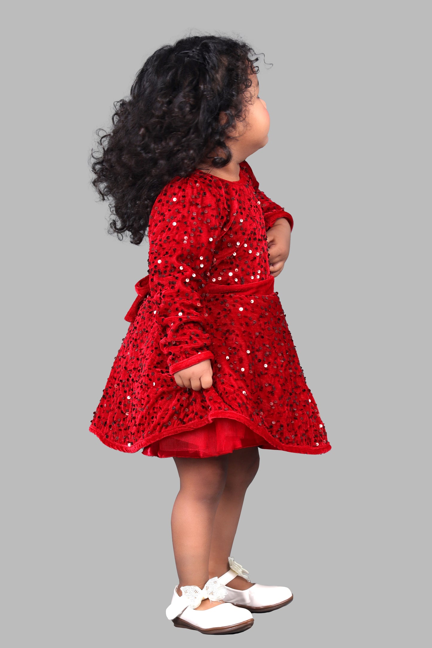 Velvet Sequined Fit & Flare Party Frock (Red)
