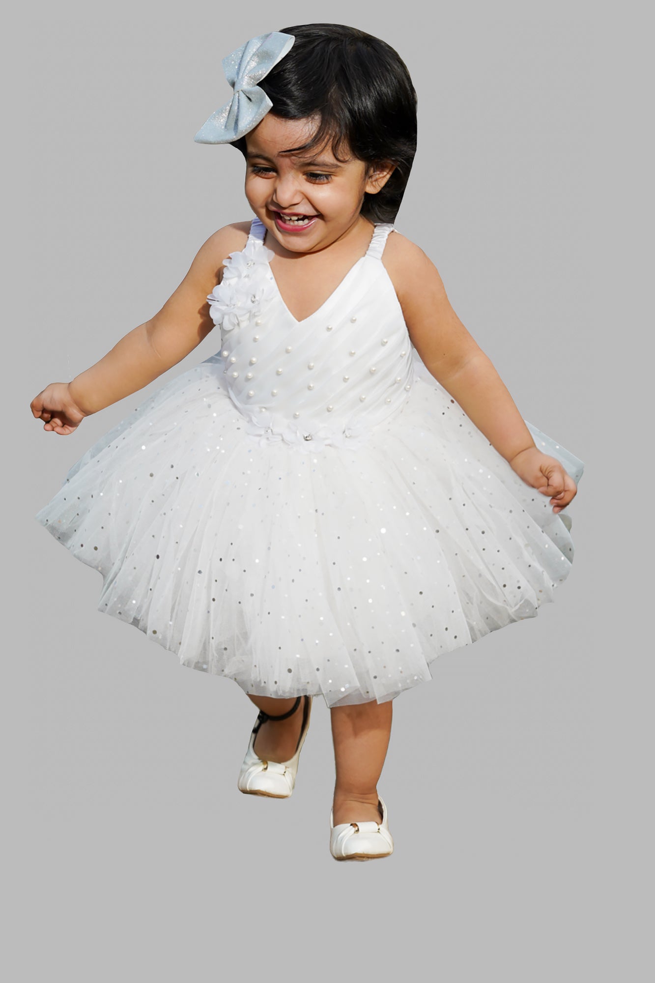 Pearl & Sequin Embellished Fit And Flare Party Frock - Cream