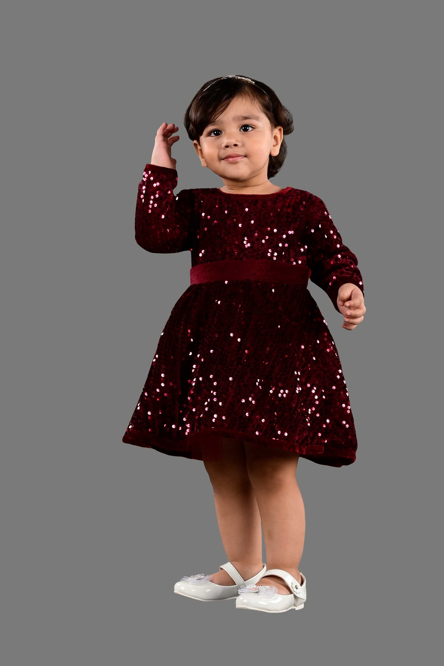 Full Sleeves Fit and Flare Velvet Party Frock (Maroon)