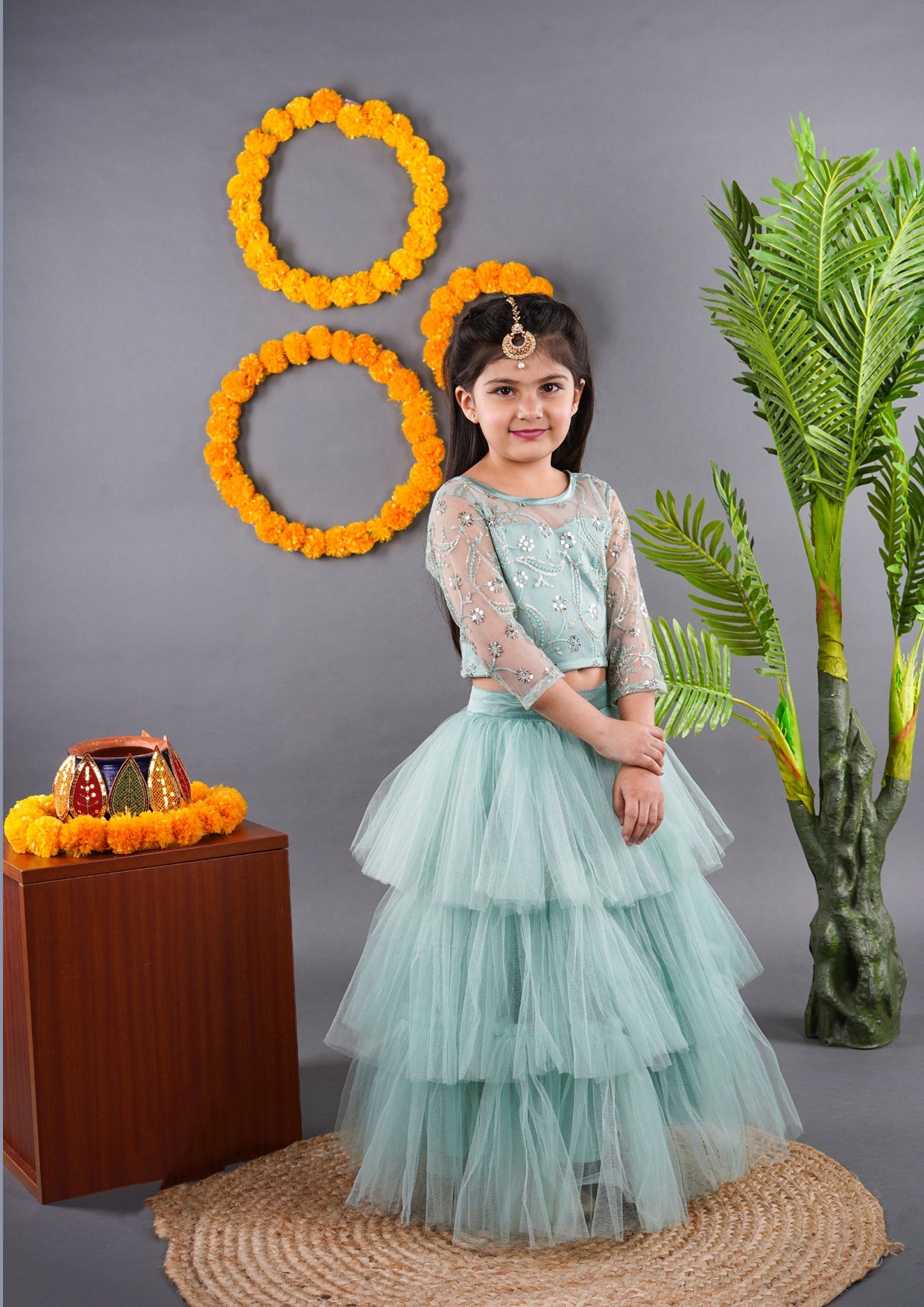 Titrit Pistachio Net lehenga with embroidered choli with dupatta