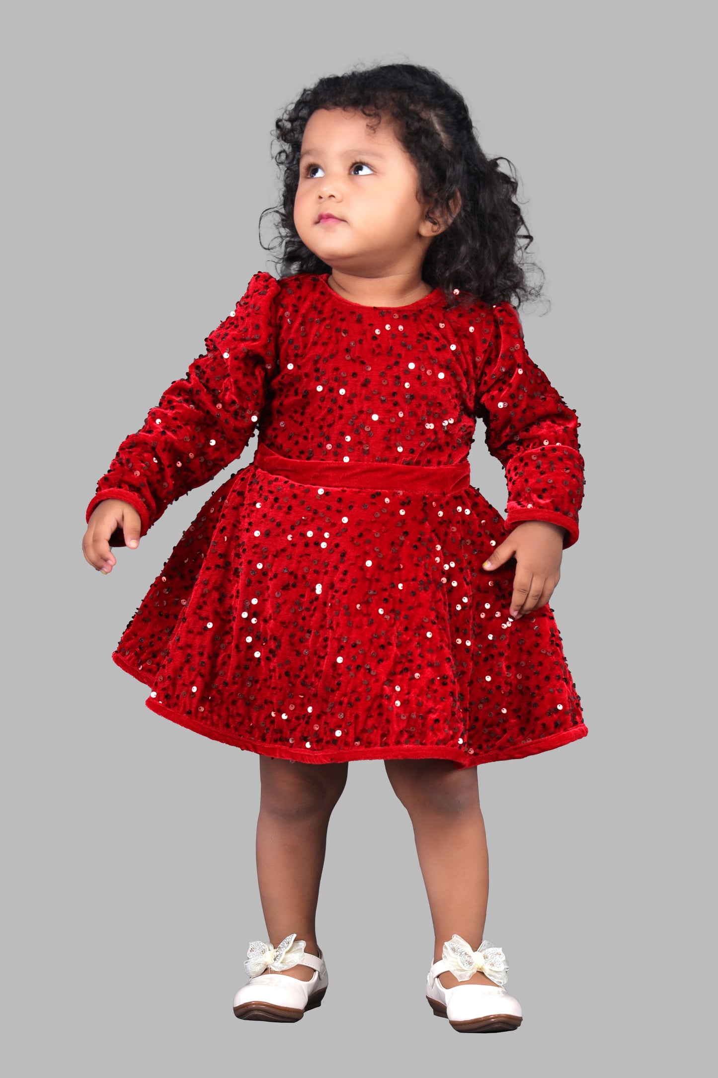 Velvet Sequined Fit & Flare Party Frock (Red)