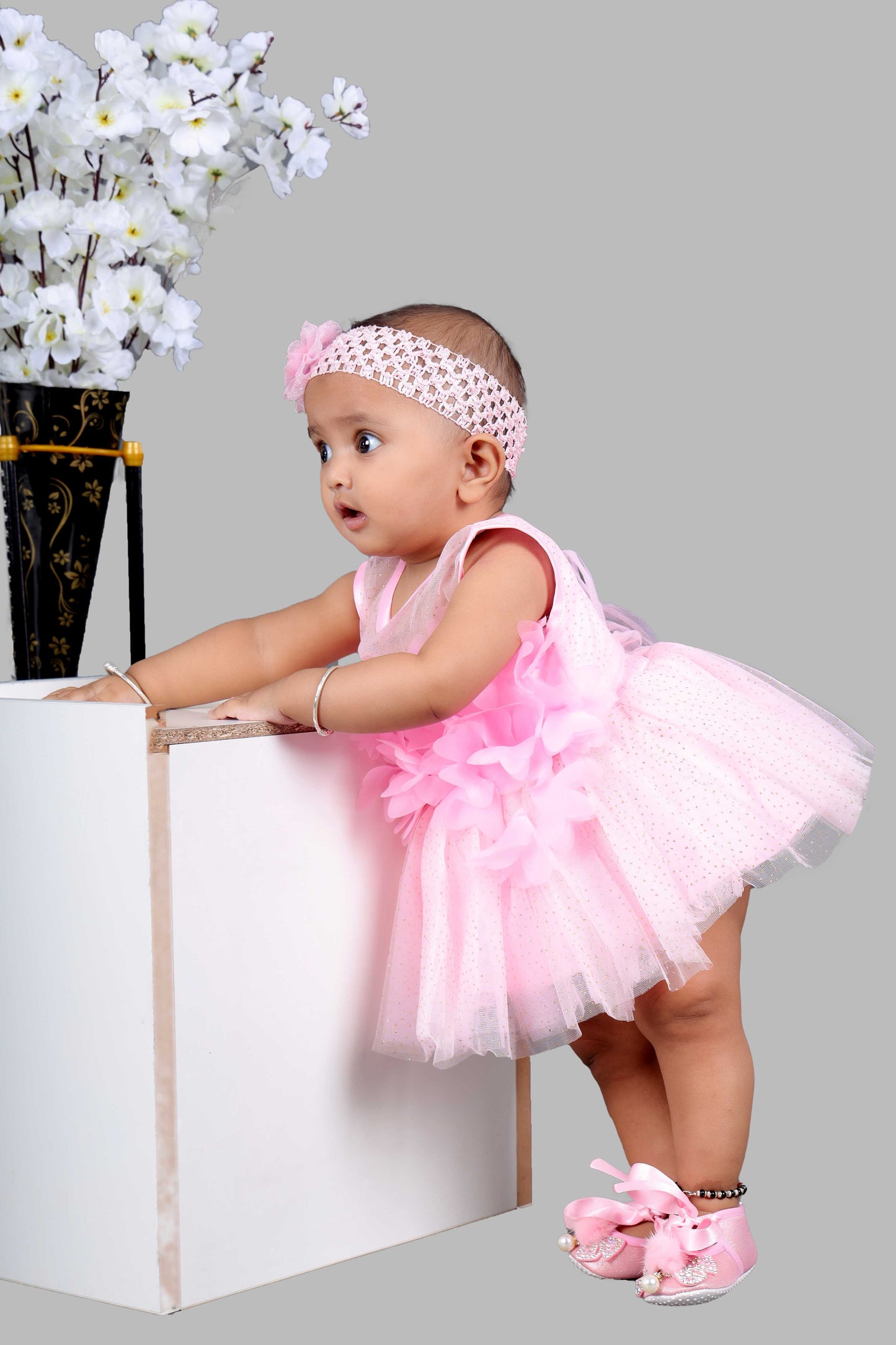 Sleeveless Fit and Flare Net Party Frock (Pink)