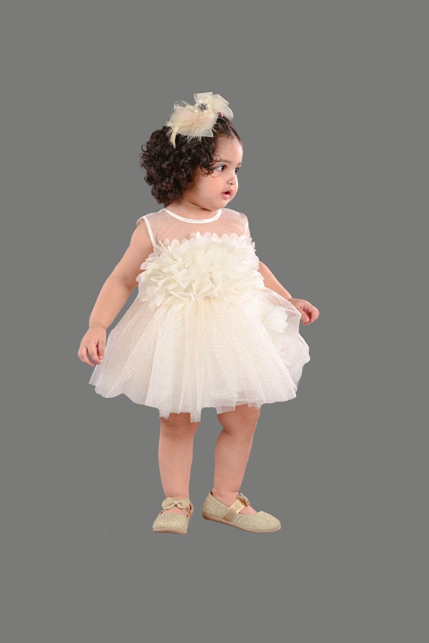 Sleeveless Fit and Flare Net Party Frock (Cream)