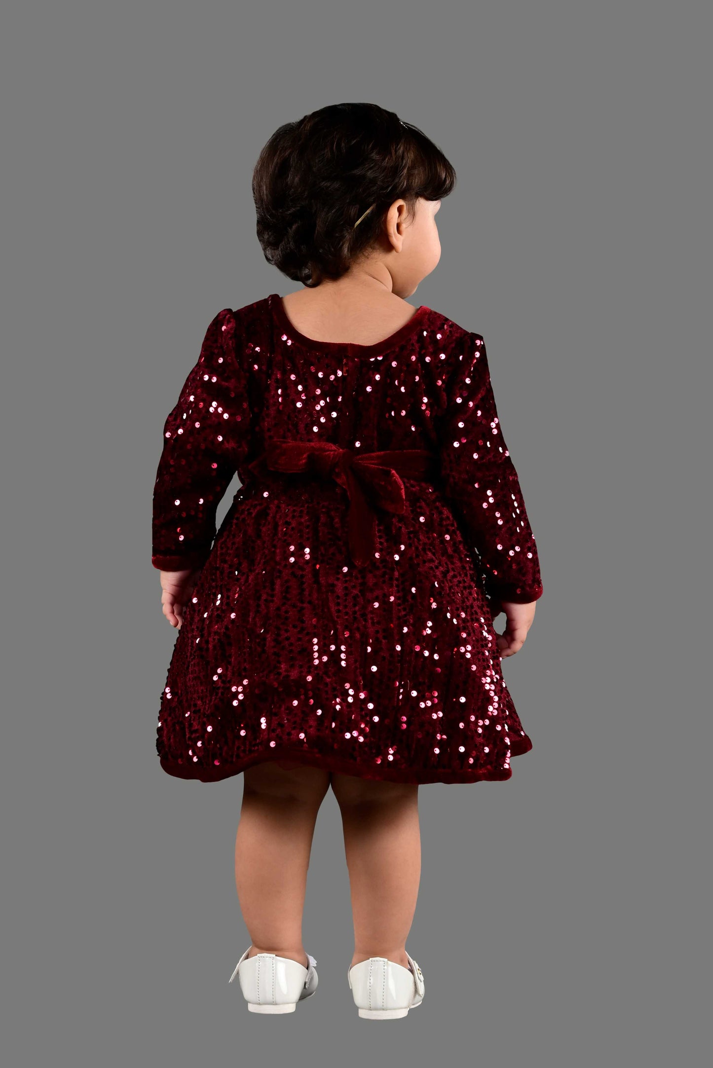 Full Sleeves Fit and Flare Velvet Party Frock (Maroon)