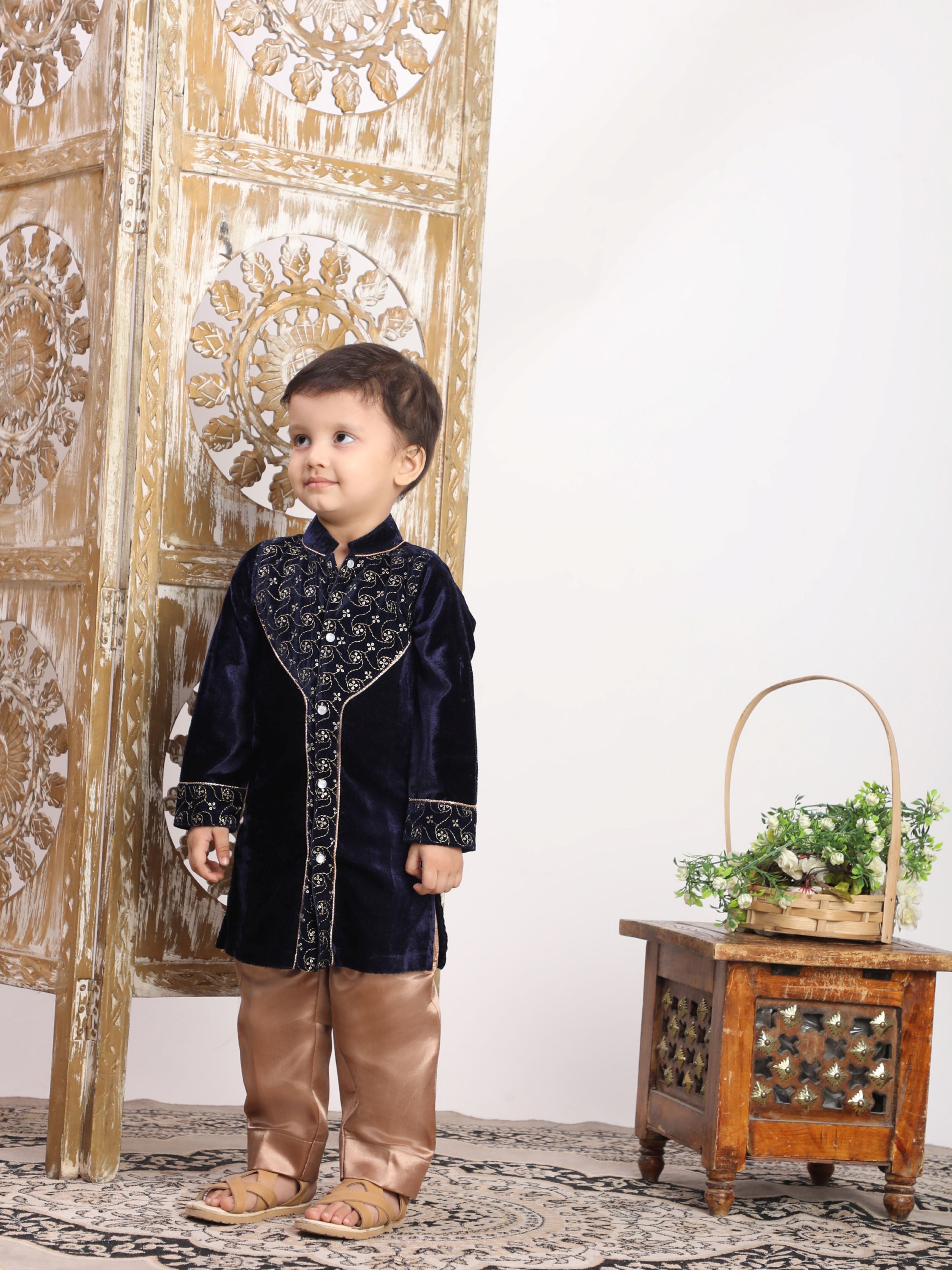 Embelished navy blue velvet kurta with satin pant-T-BK2