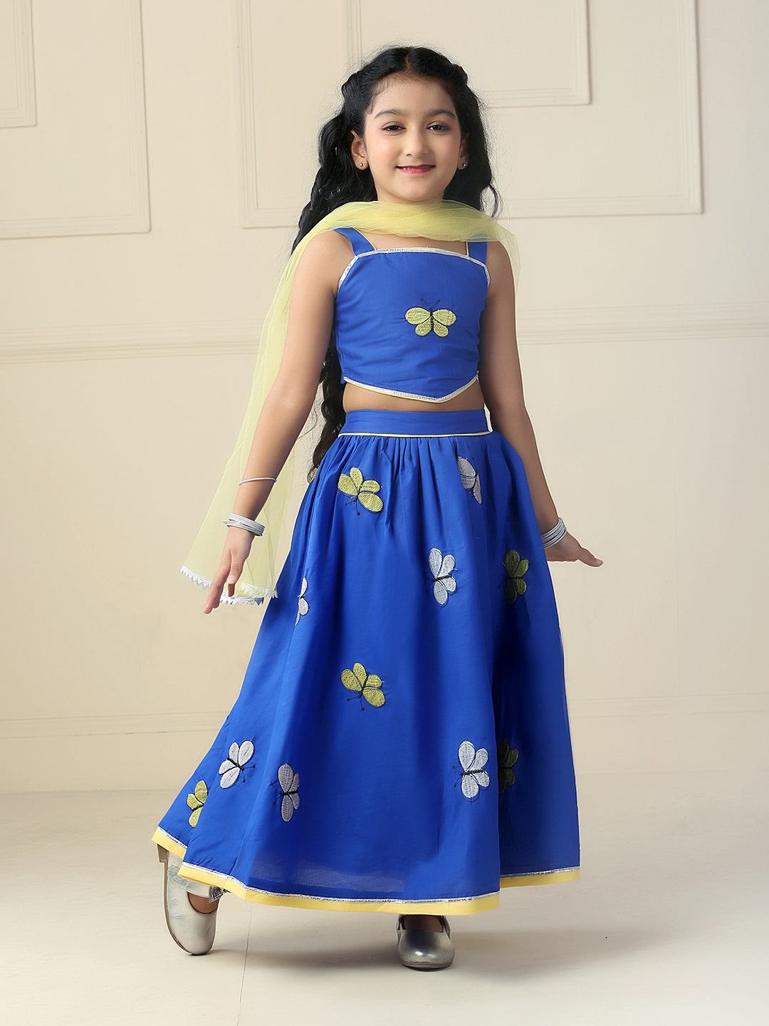 Butterfly embroidered cotton lehenga set-Blue