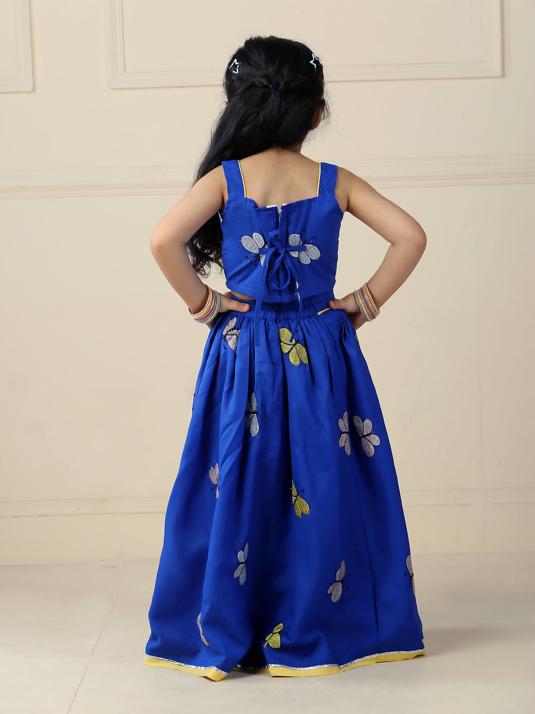 Butterfly embroidered cotton lehenga set-Blue