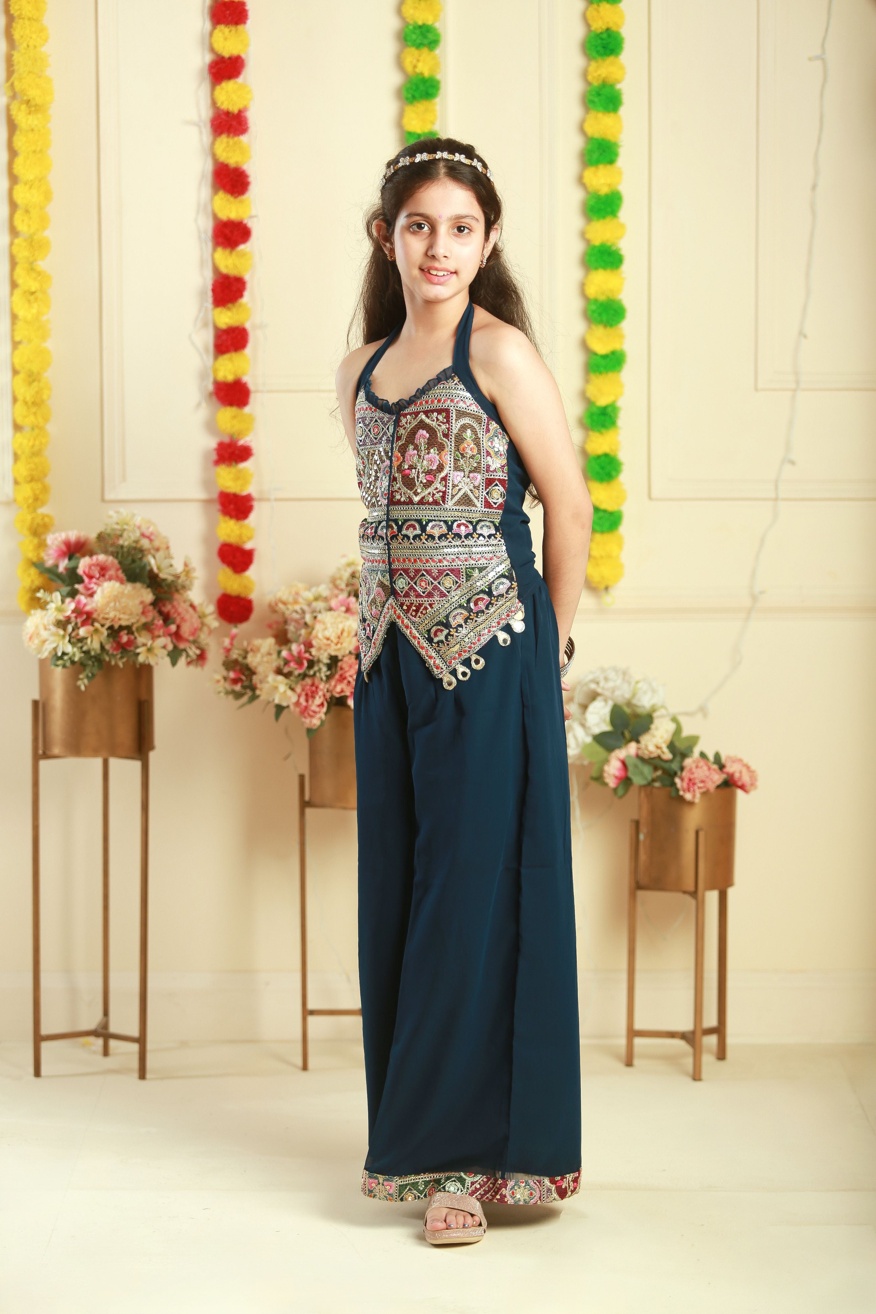 Thread embroidered halter neck top and palazzo set -T-Greenbg