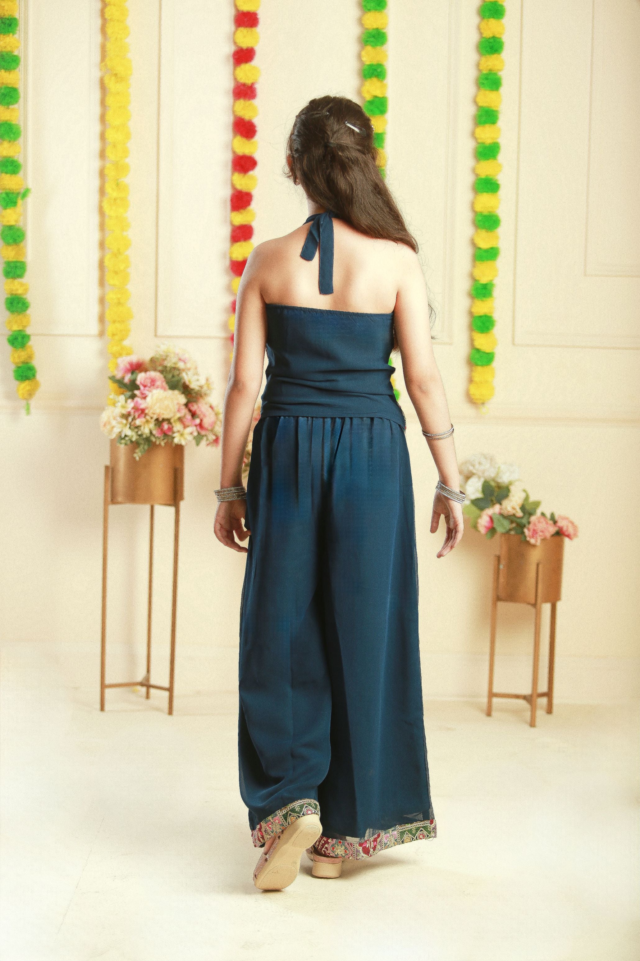 Thread embroidered halter neck top and palazzo set -T-Greenbg