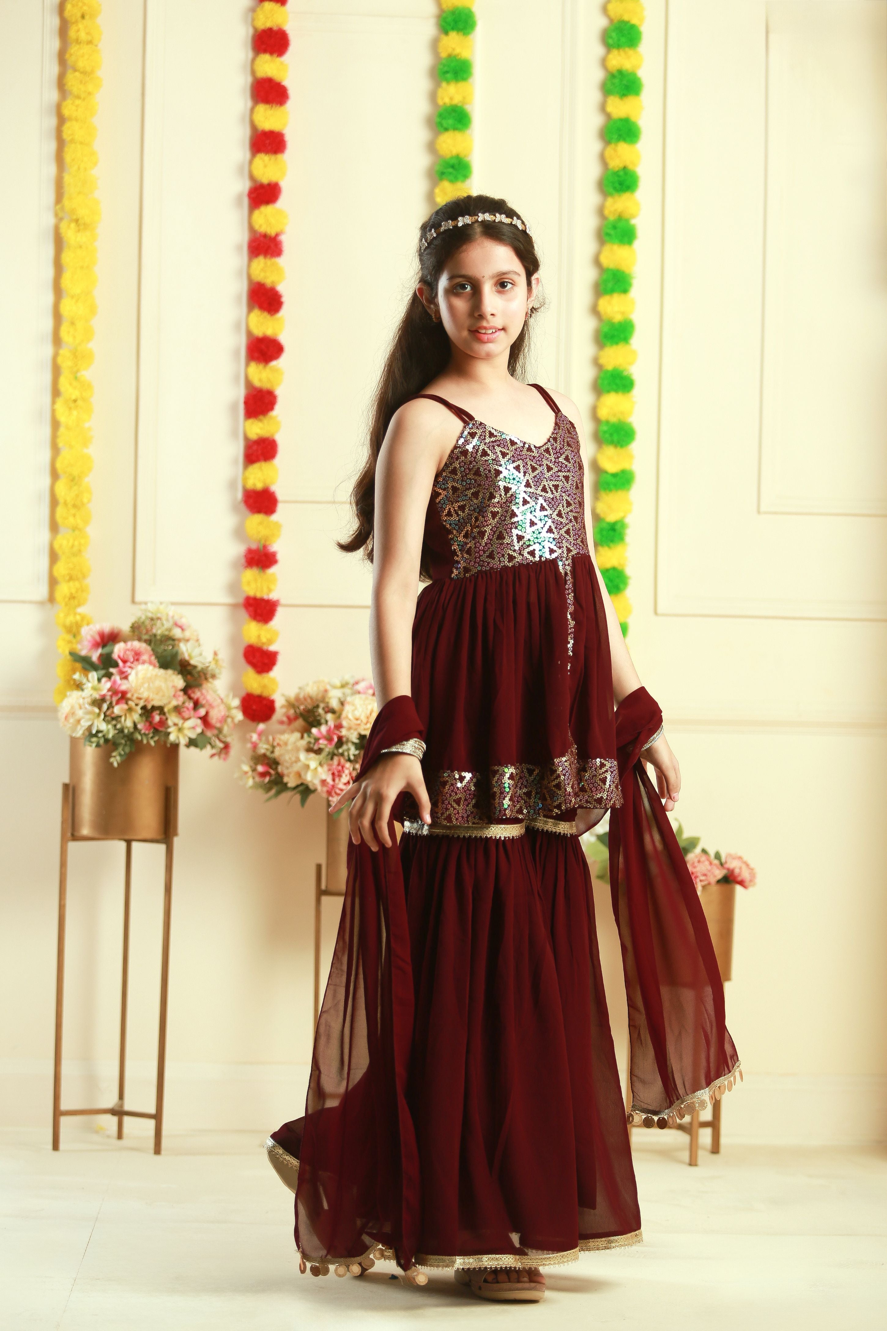 Peplum style georgette sharara set-T-Winebig