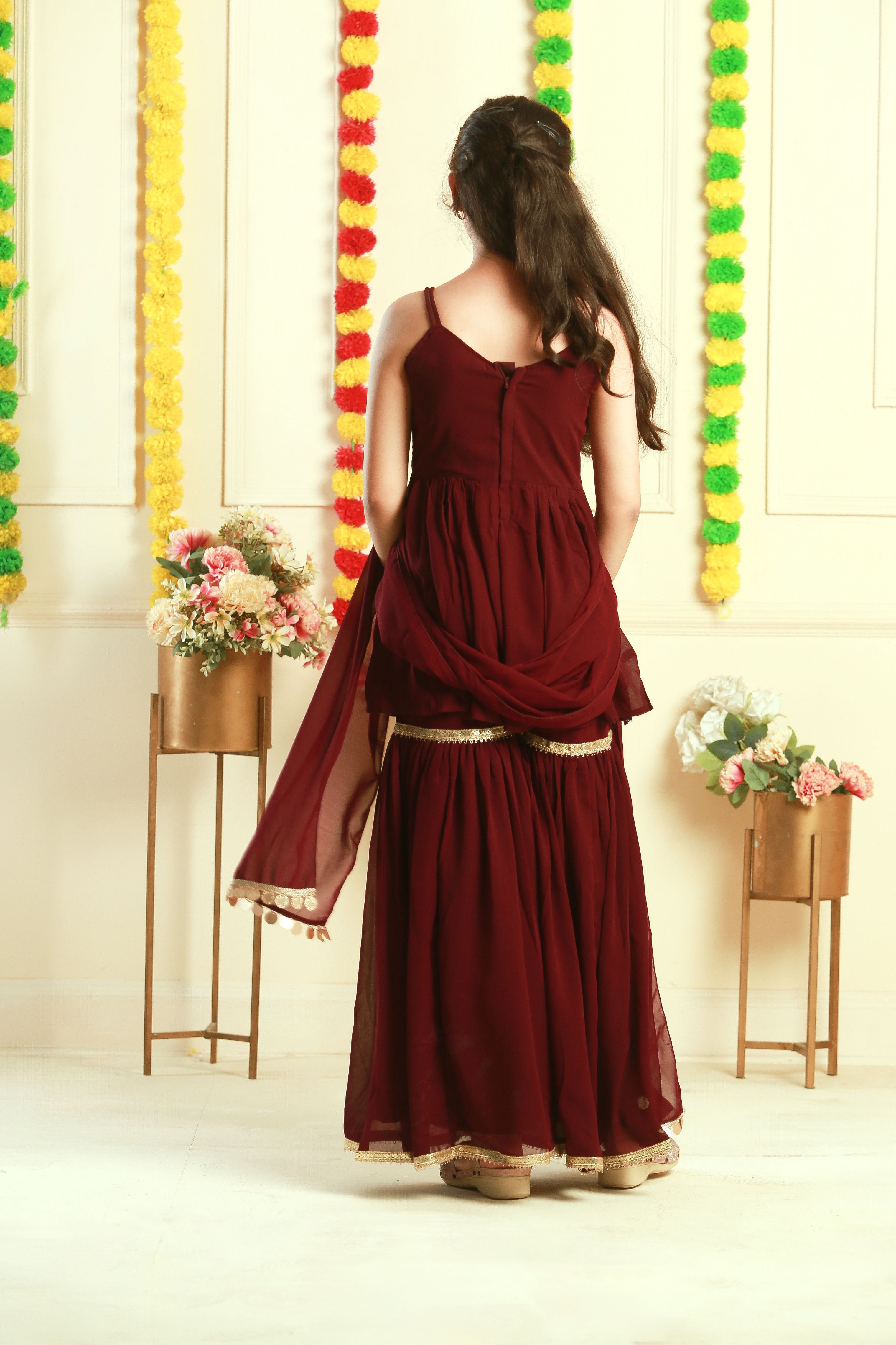 Peplum style georgette sharara set-T-Winebig