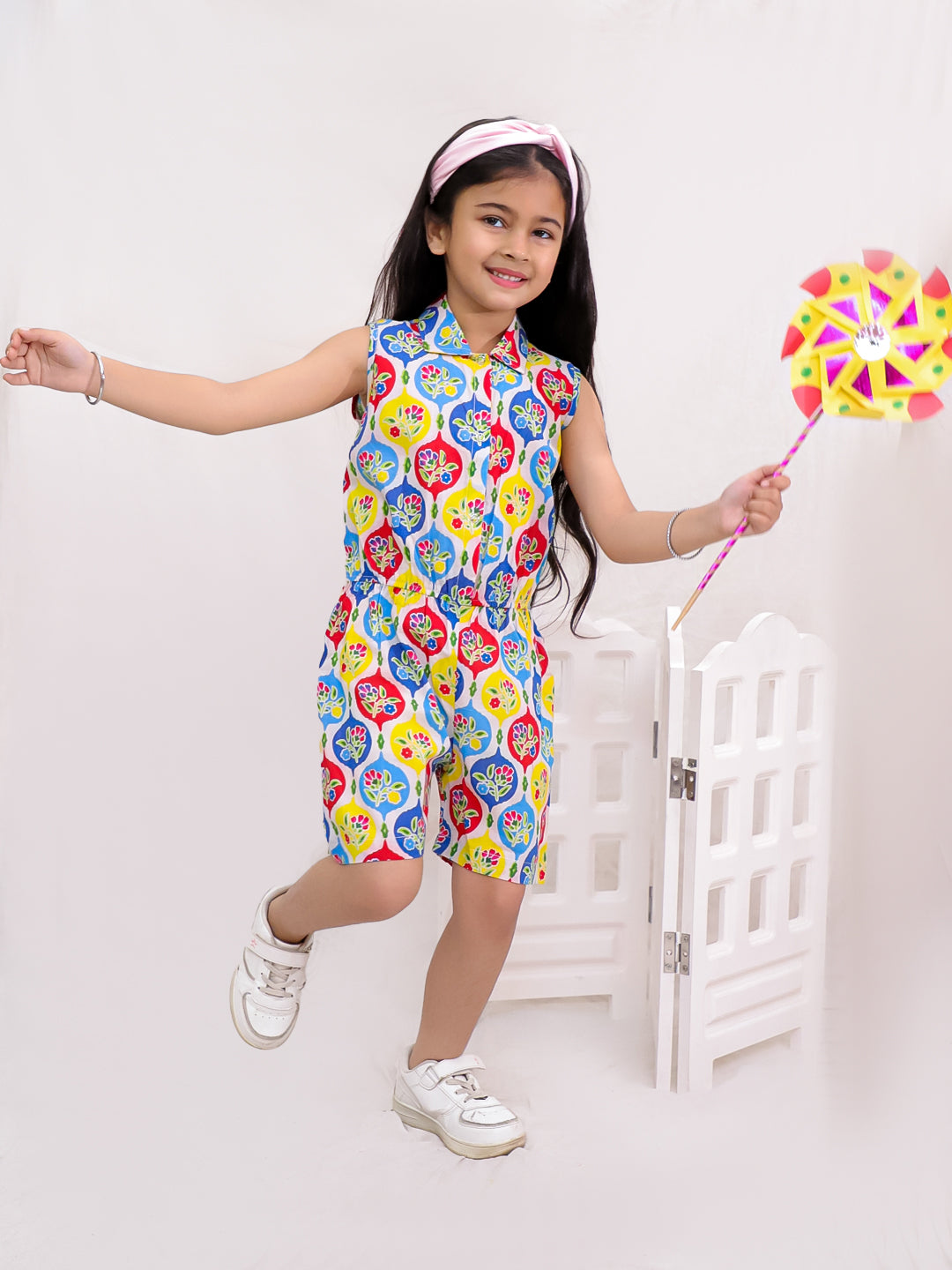Floral Print Cotton front buttoned knee length jumpsuit -T-JSFLORAL