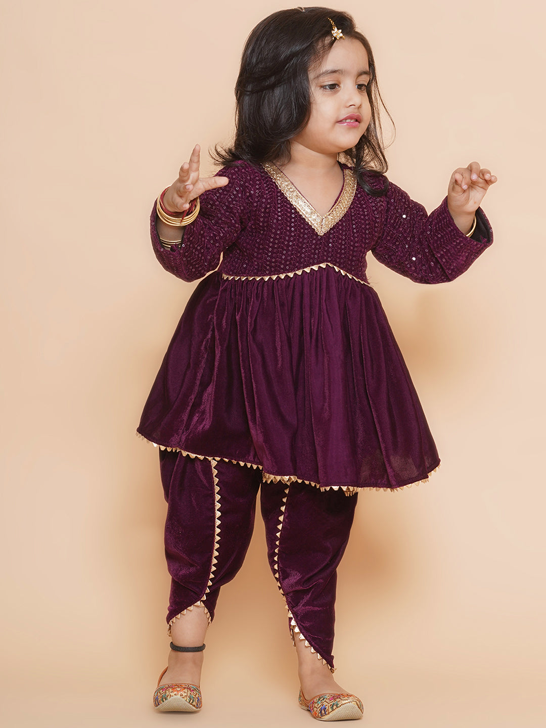 Velvet waterwork dhoti set -Wine