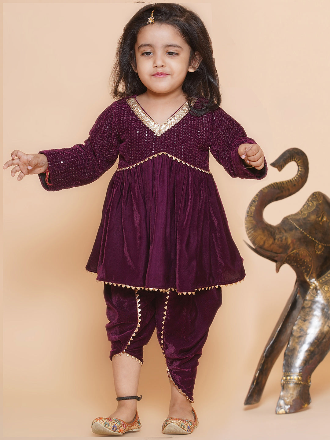 Velvet waterwork dhoti set -Wine