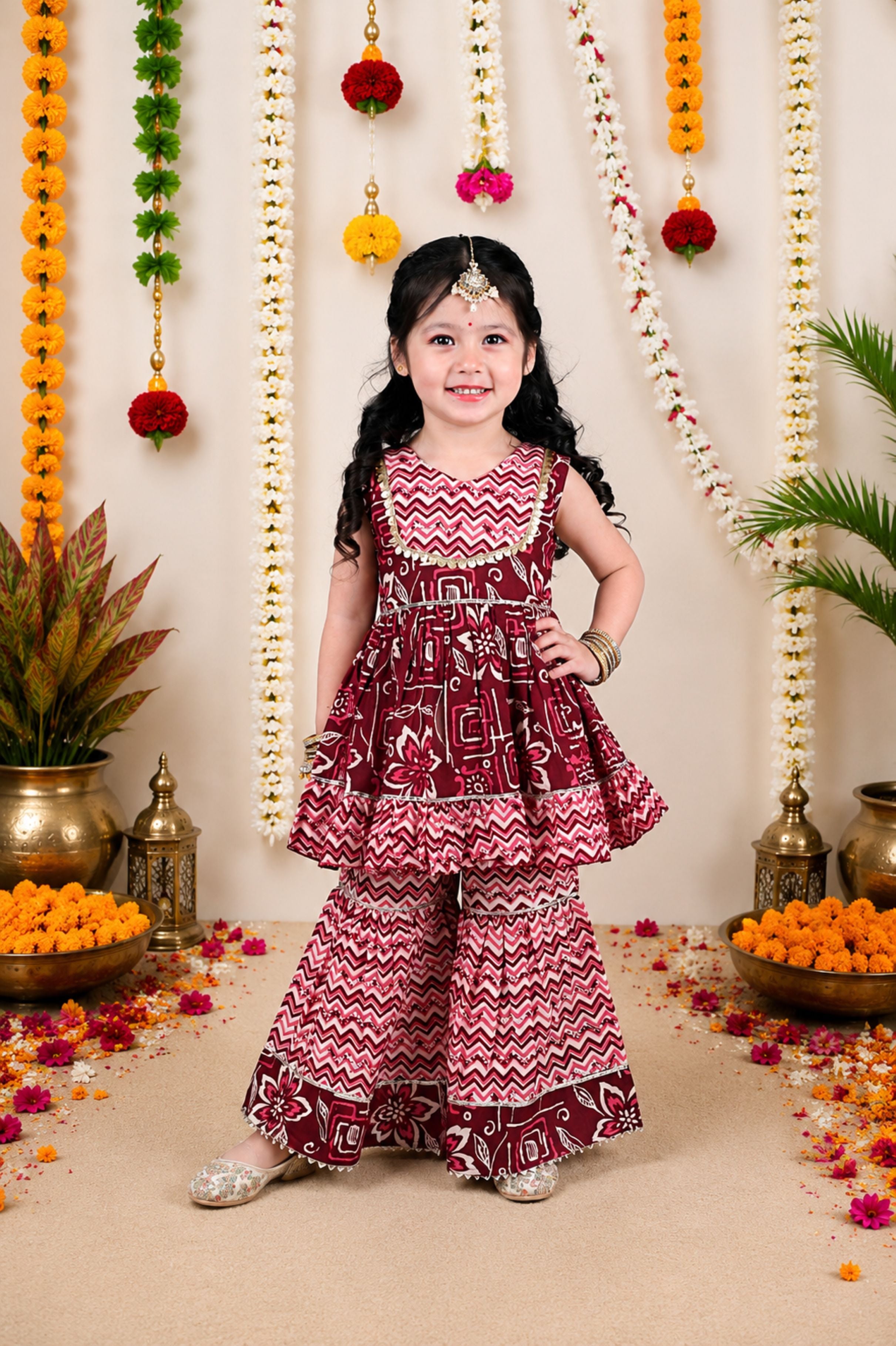 Printed cotton lace embellished sharara set-T-Browngeom