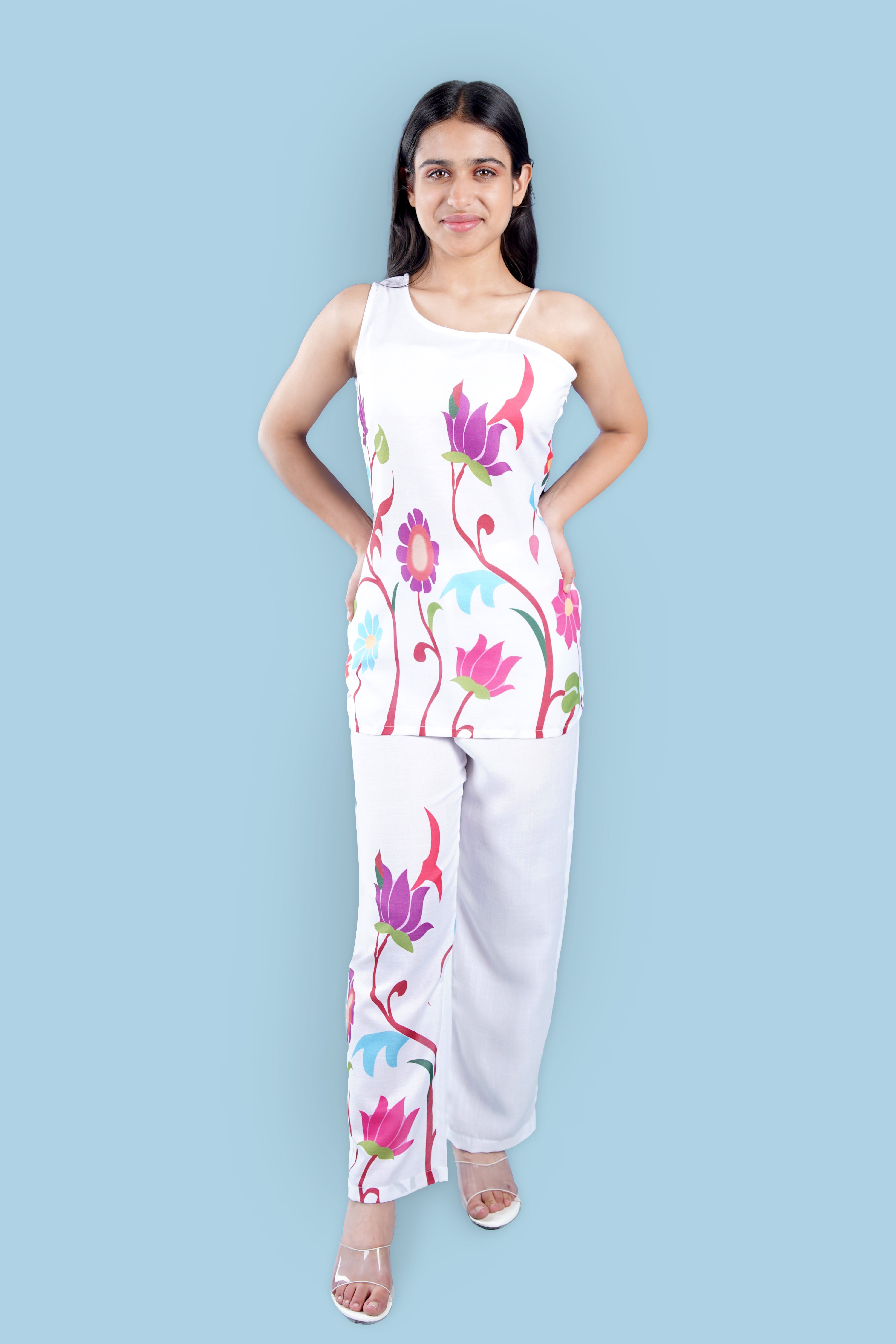 White cotton co-ordset with one side shoulder-T-CDW
