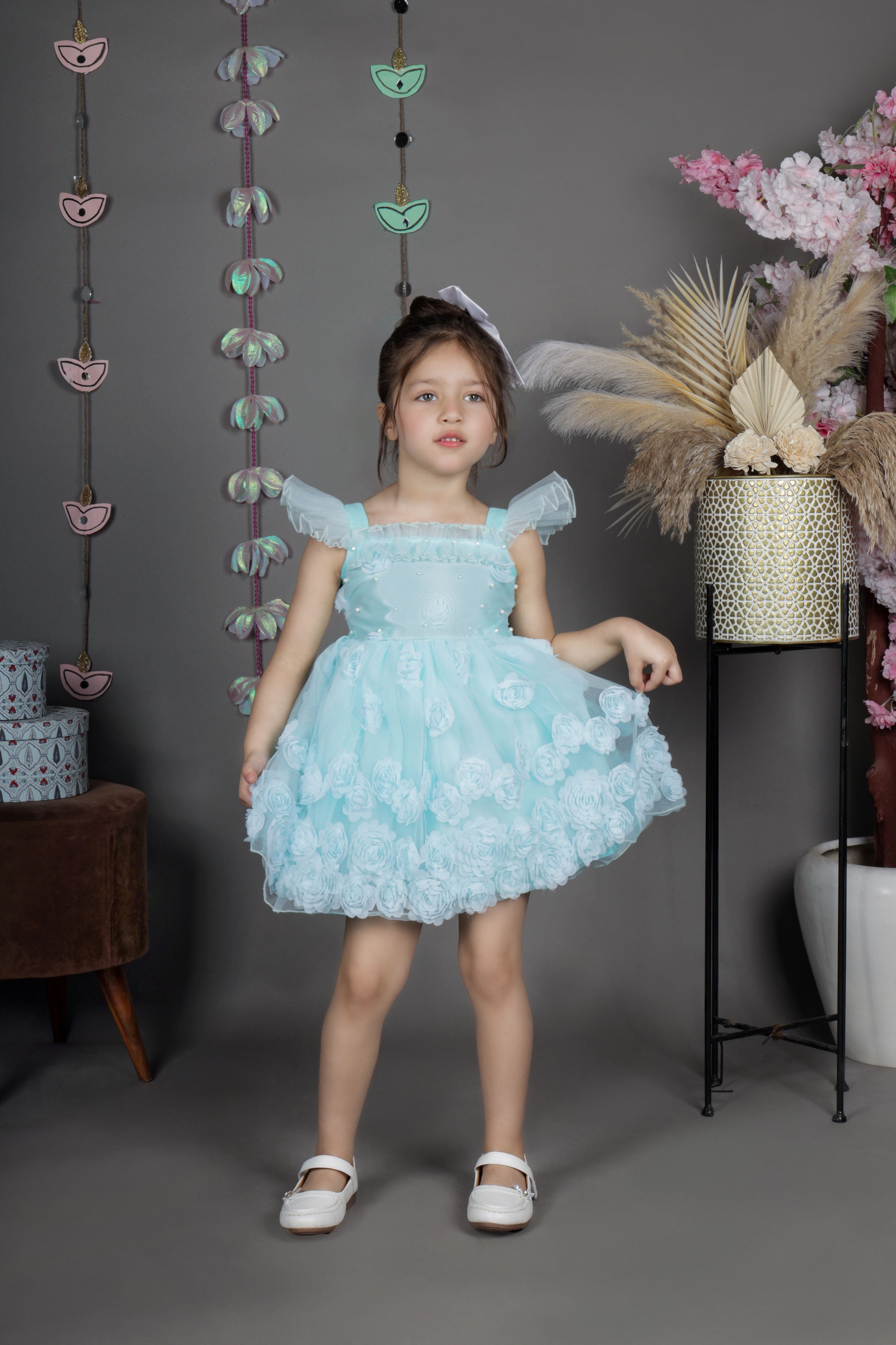 Fit and flare net party frock-Aqua Green