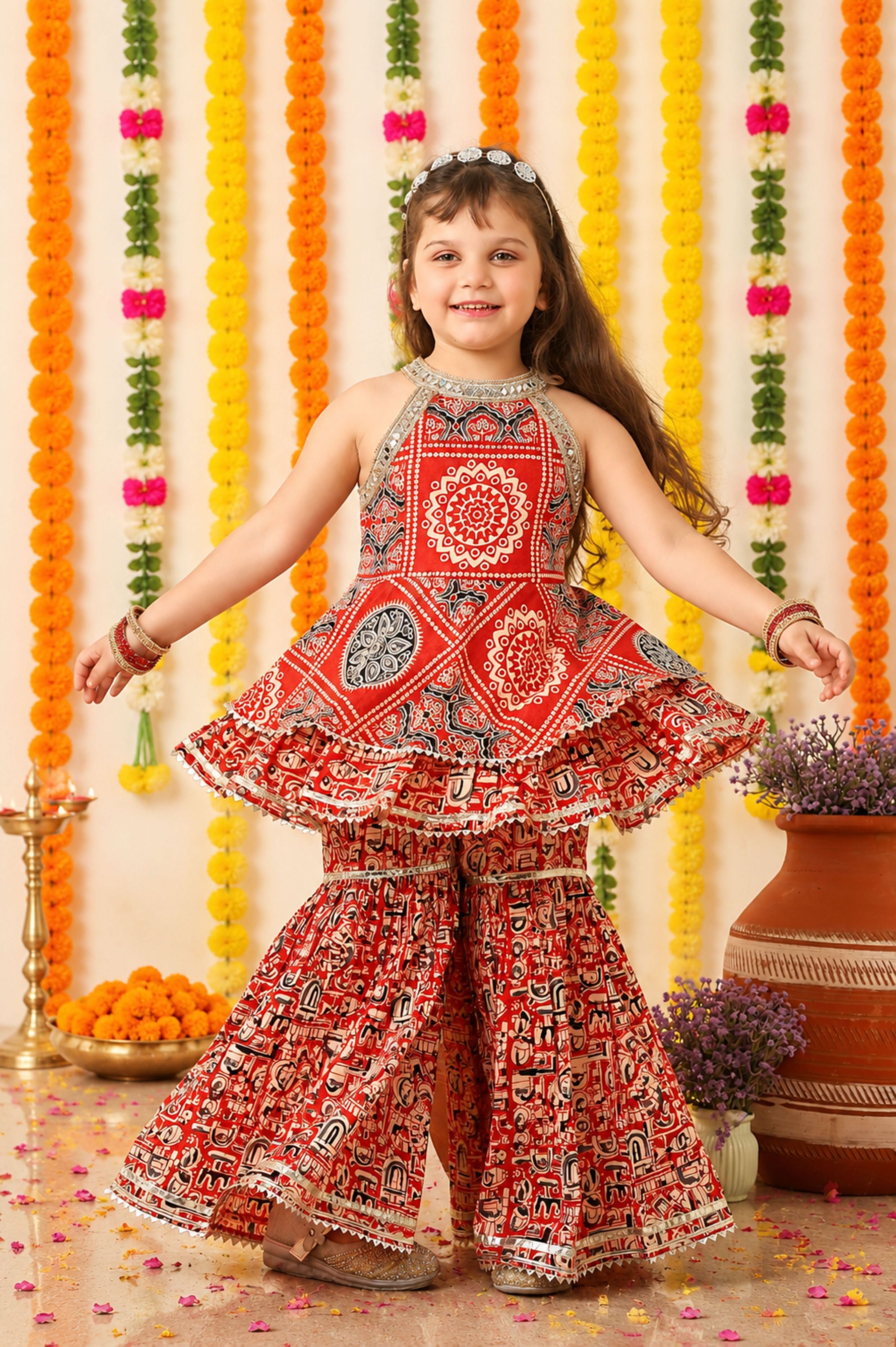 Layered cotton kurti with flared sharara-T-Doubleo