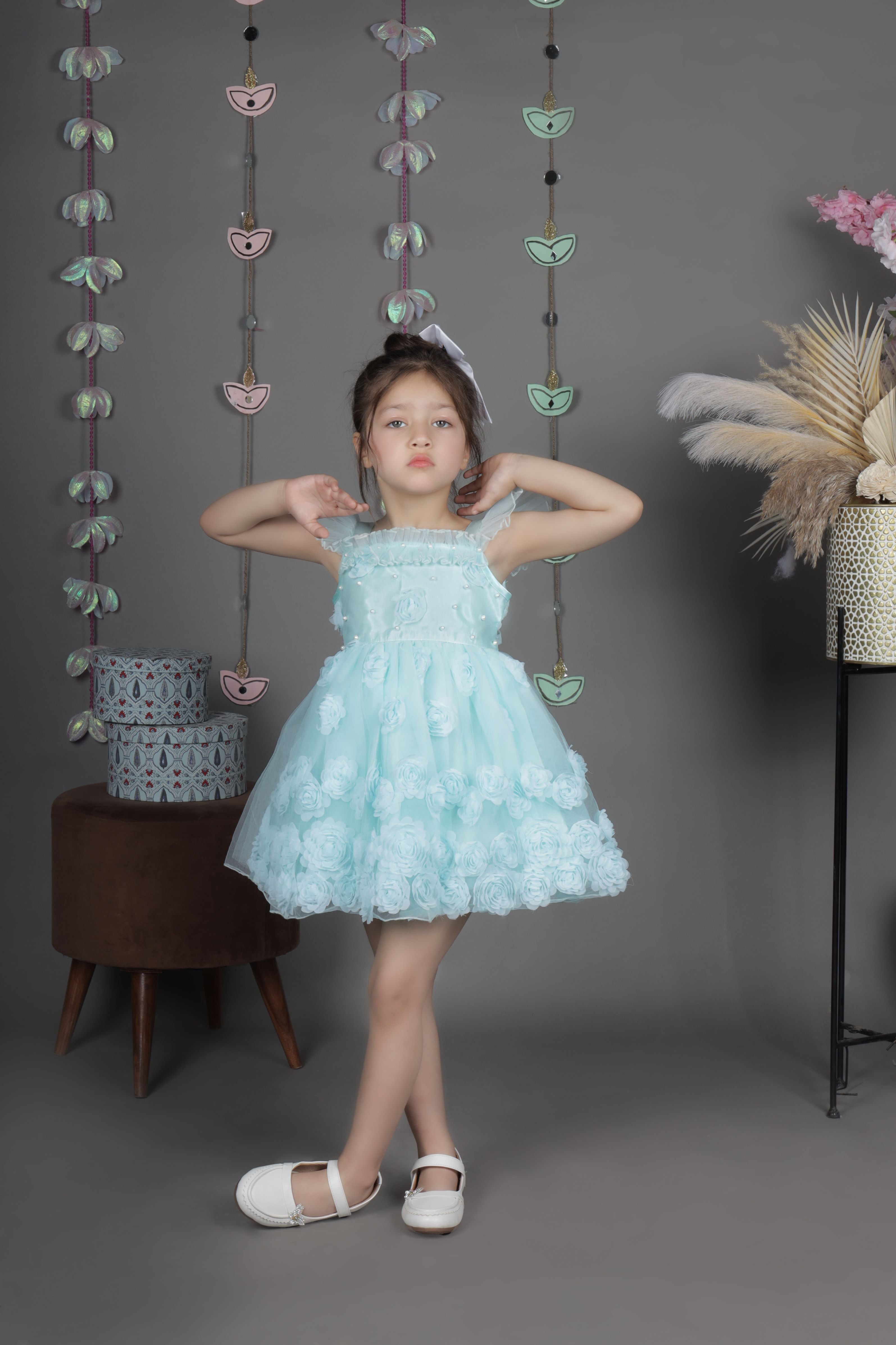 Fit and flare net party frock-Aqua Green